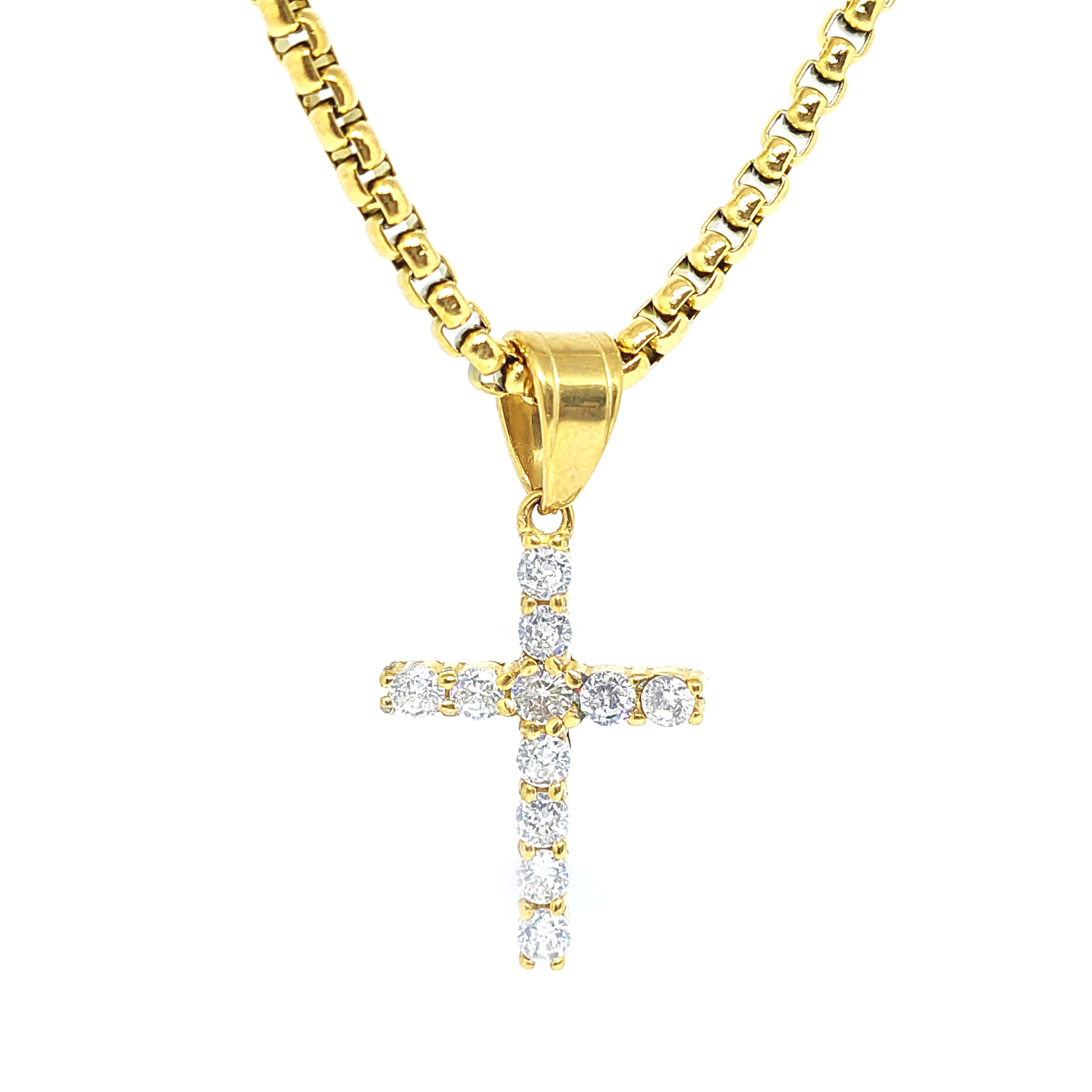 ESN 7453: Gold Plated 11-Cz Crucifix w/ 17" IPG Belcher Chain