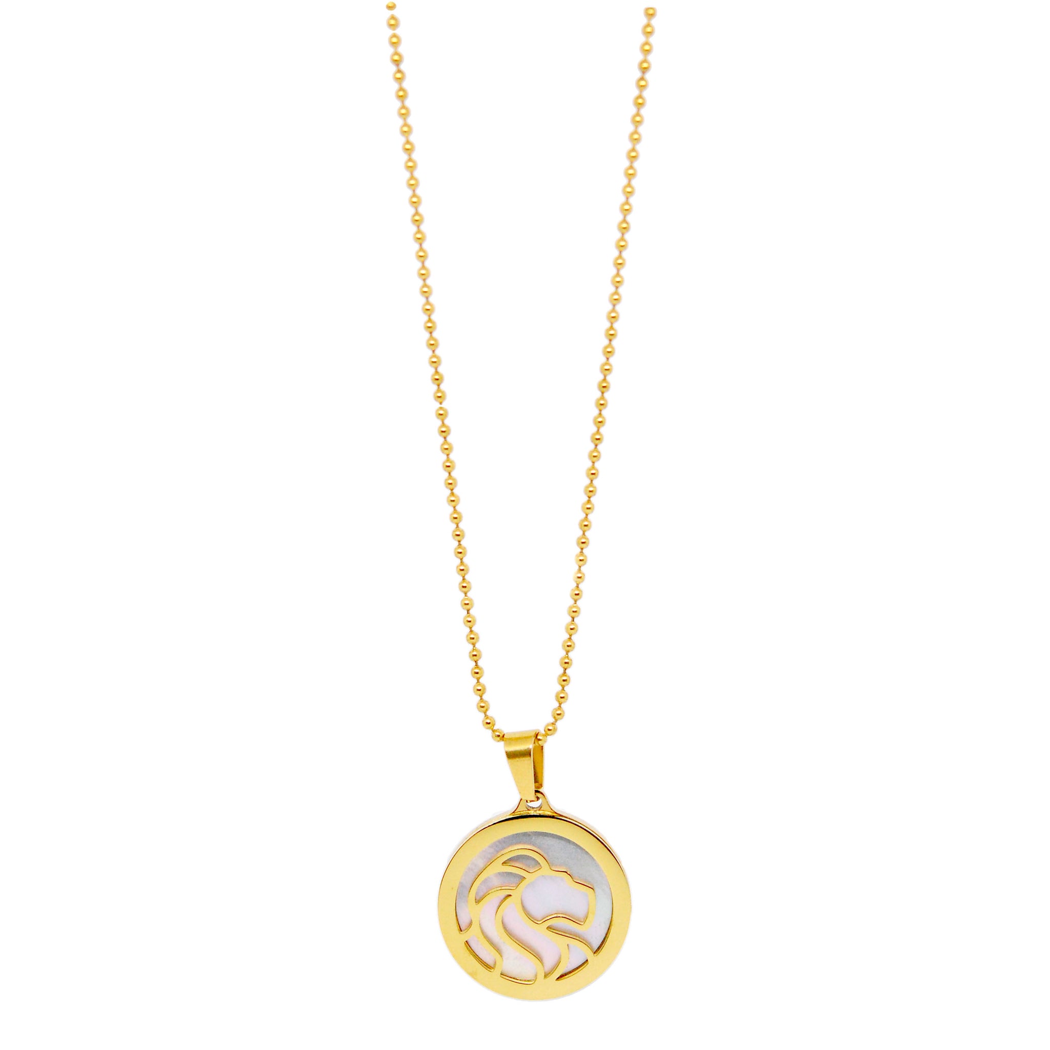 ESN 7963: All IPG Mop Leo Zodiac Necklace w/ 18" IPG Ball Chain