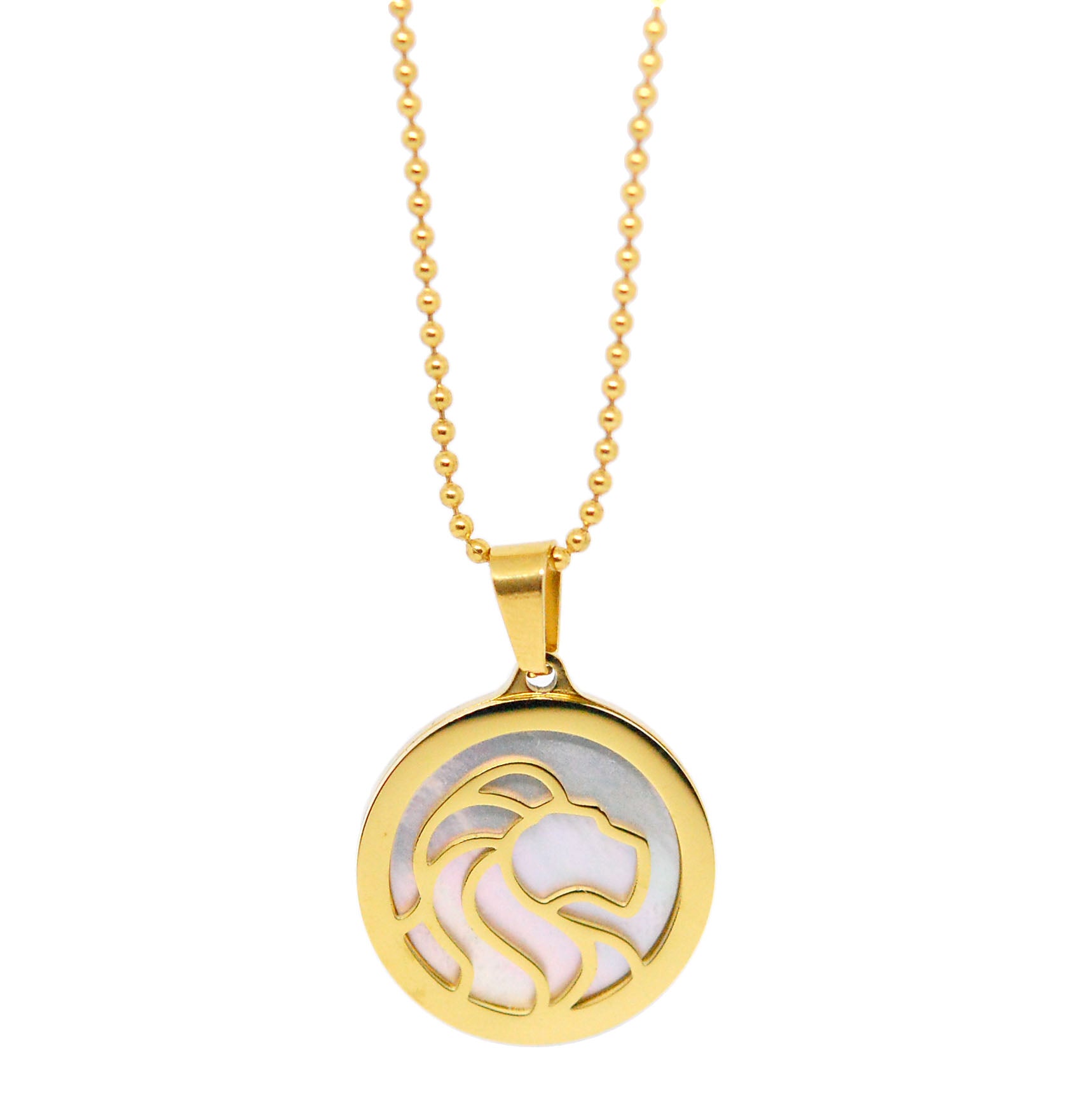 ESN 7963: All IPG Mop Leo Zodiac Necklace w/ 18" IPG Ball Chain
