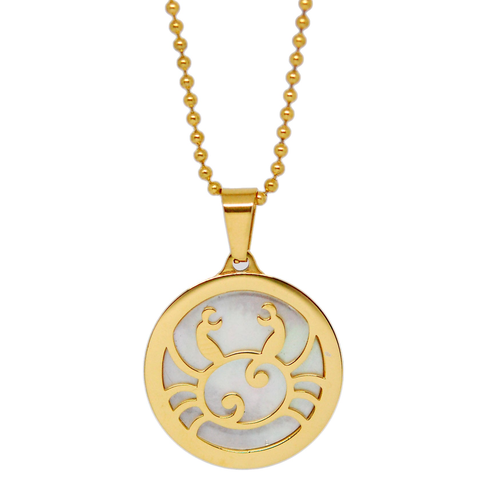 ESN 7965: All IPG Mop Cancer Zodiac Necklace w/ 18" IPG Ball Chain