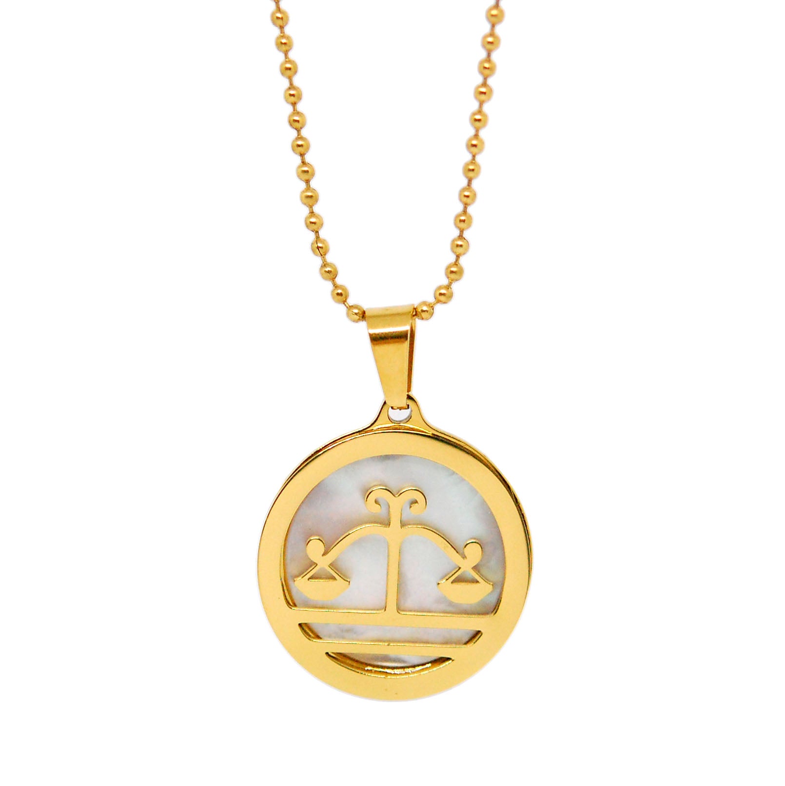 ESN 7973: All IPG Mop Libra Zodiac Necklace w/ 18" IPG Ball Chain