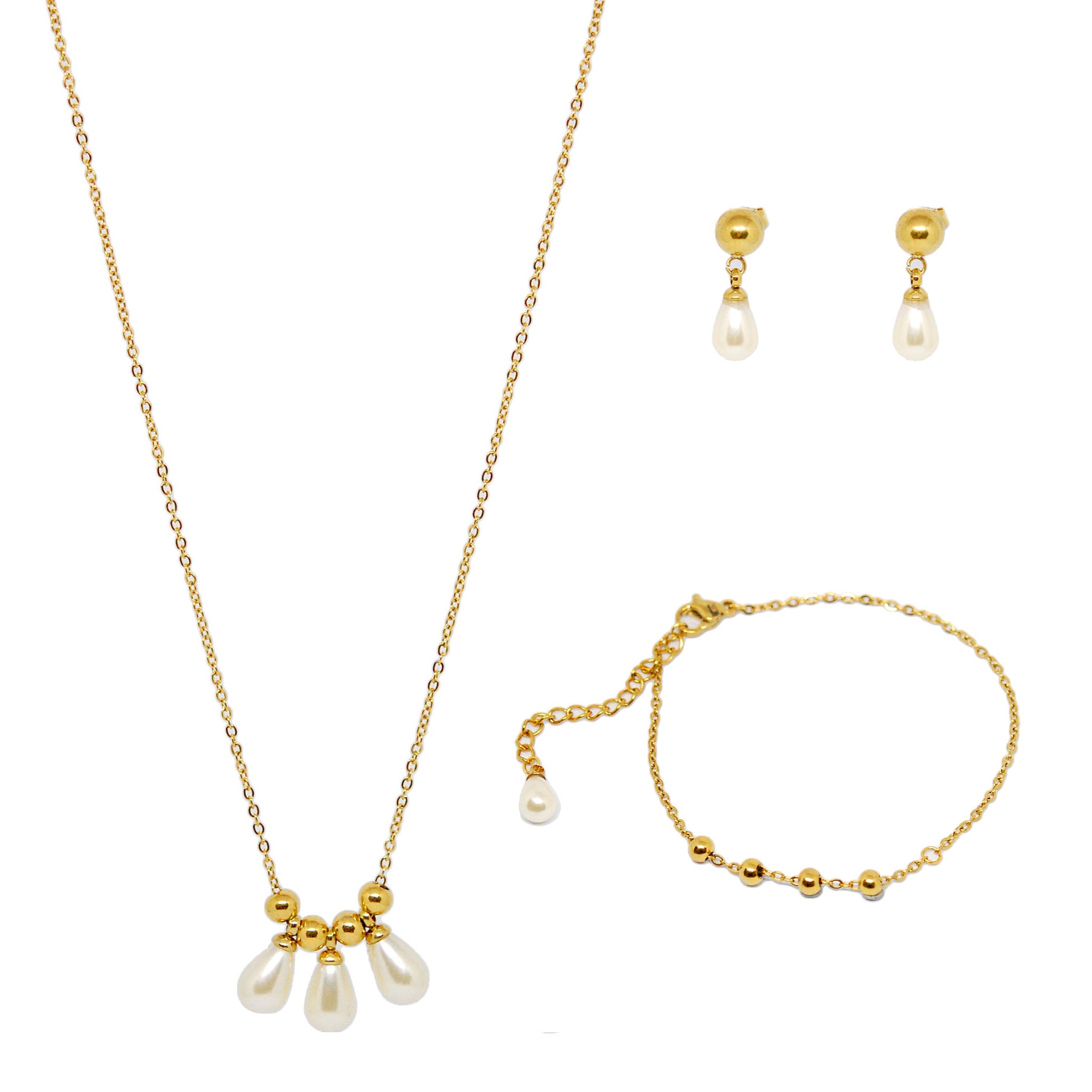 SET 8034: All IPG Dainty Ball & Teardrop Pearl Necklace/Bracelet/Earring Set
