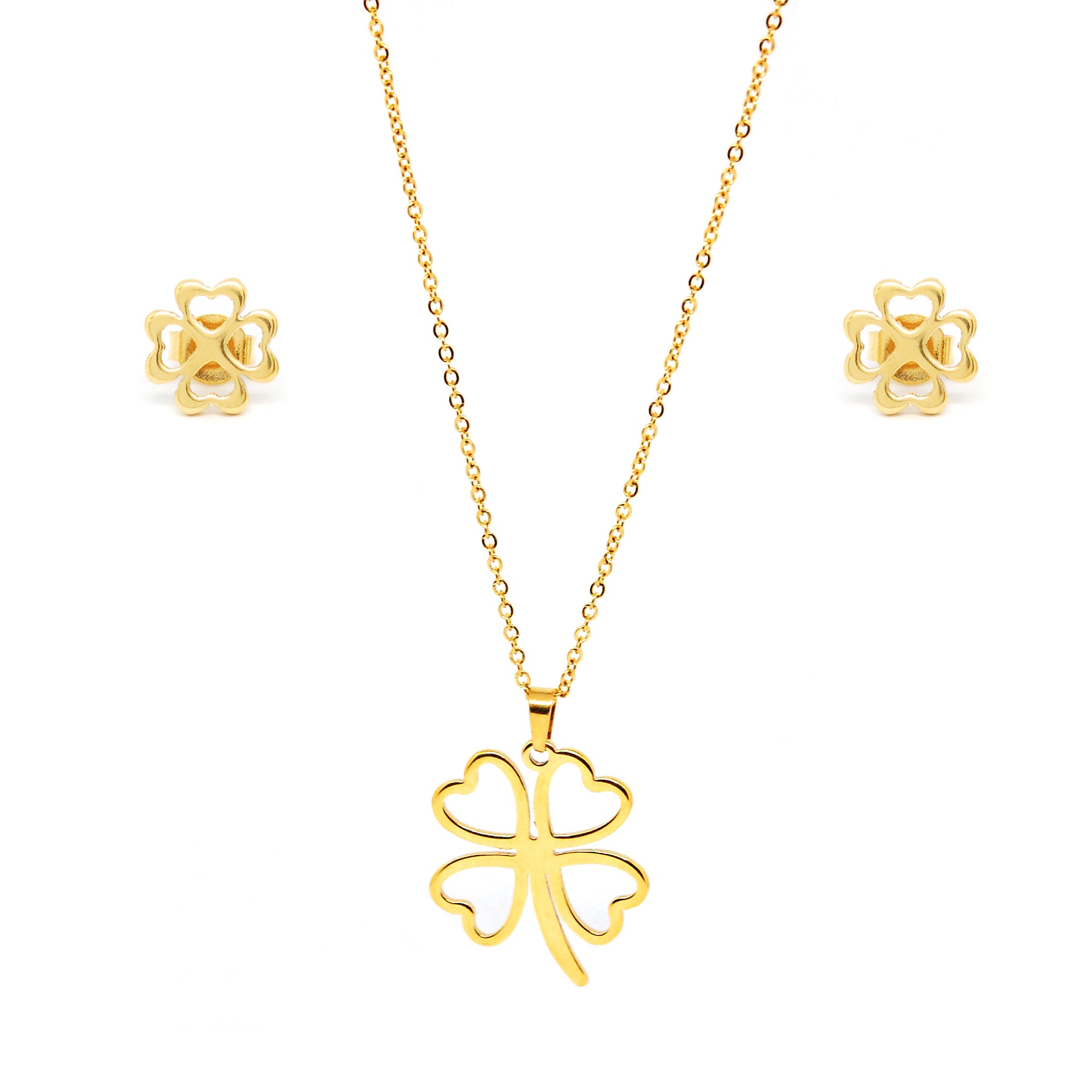 SET 5071: Gold-Plated 4-Leaf Clover Gold Luck Necklace & Earring Set