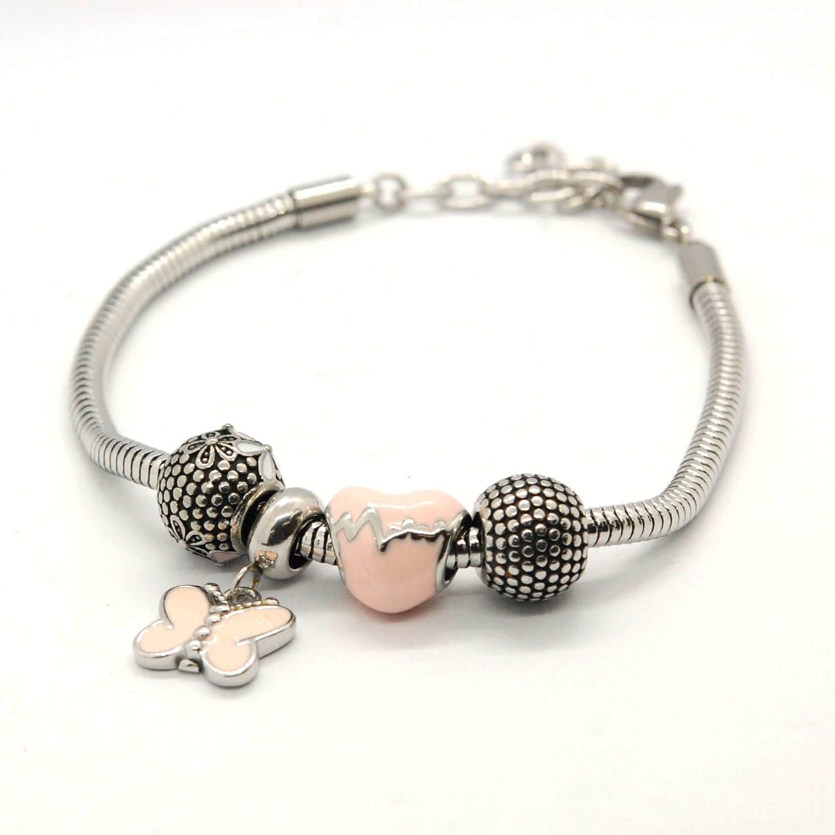 ESBL 6626: P-Bracelet w/ Ch Lock & 2 Dot Balls 1 Butterfly & 1 Pink Heart (4Chms)