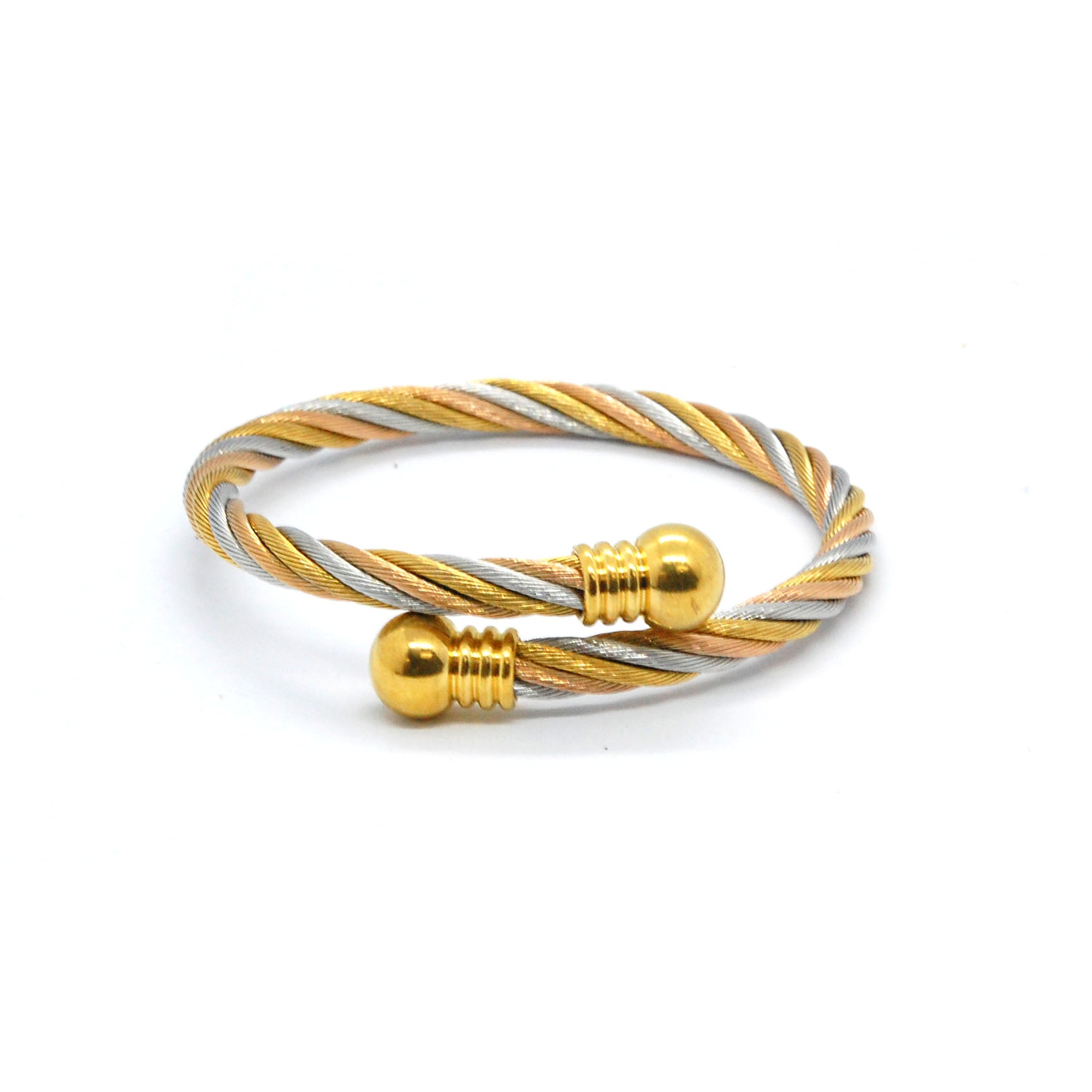 ESBG 7856: 3-Tone Twisted Charriol Bangle w/ Gold Plated Round Ends