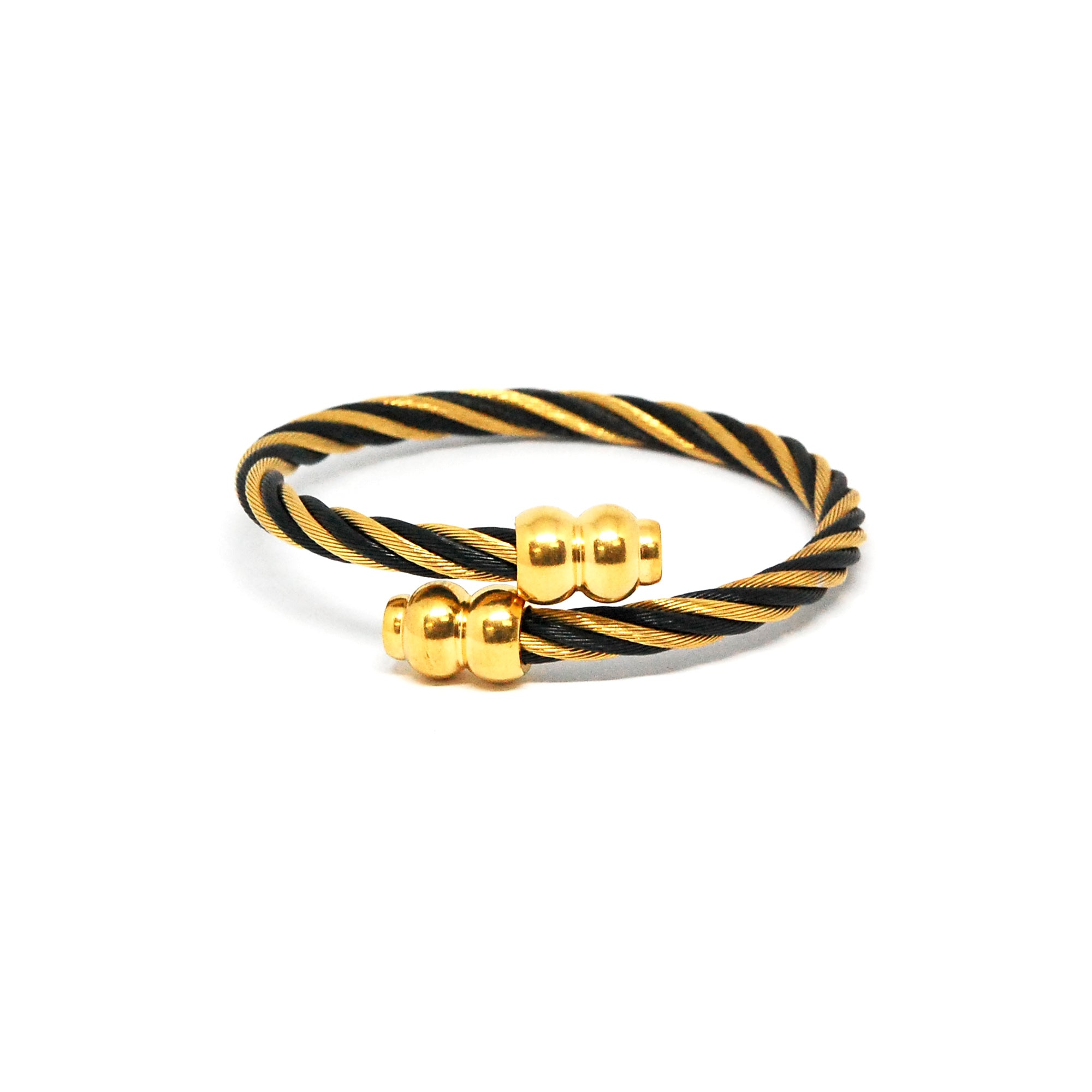 ESBG 6719: 2-Tone Twisted Bangle w/ Gold-Plated Celtic Torc Ends (Black & Yellow Gold)