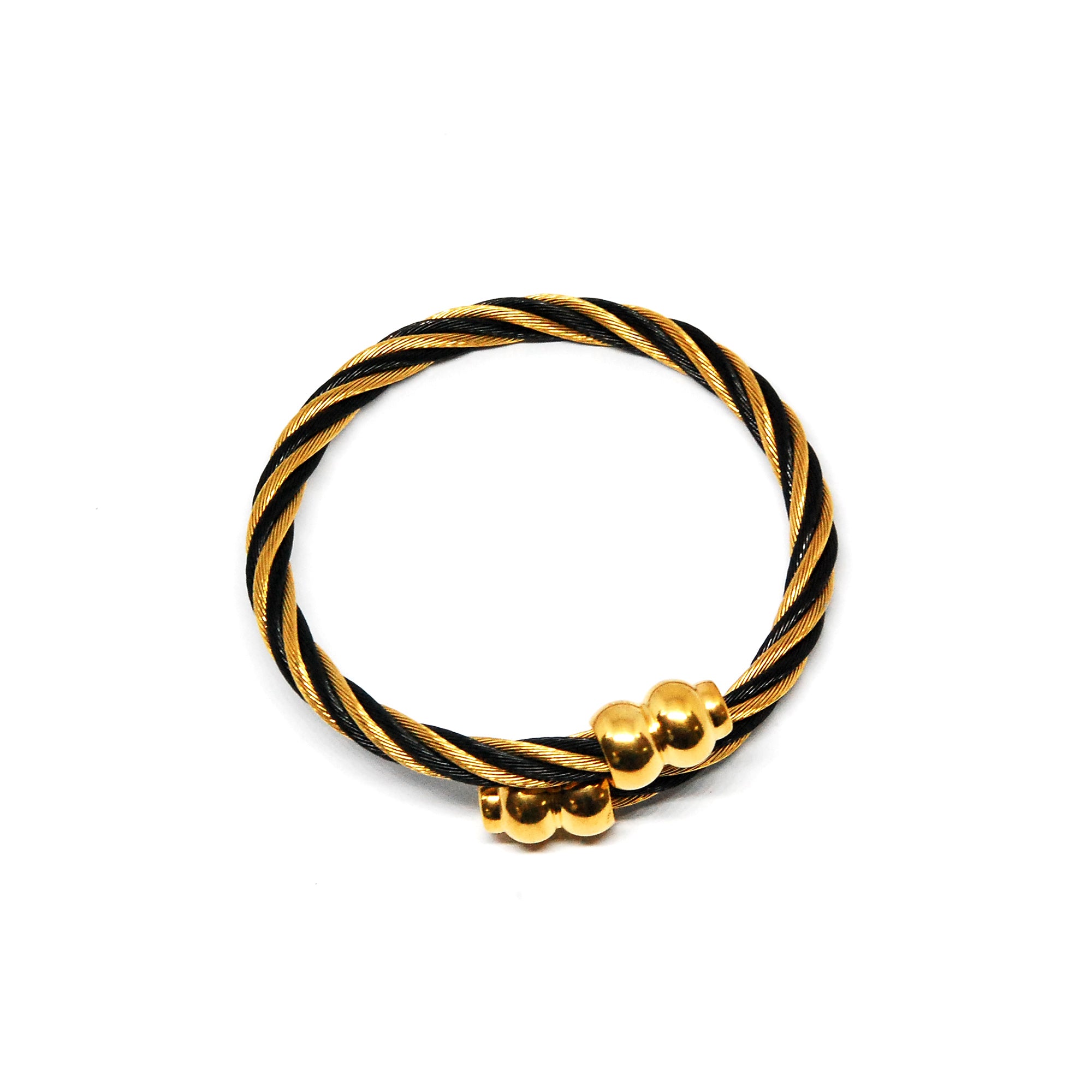 ESBG 6719: 2-Tone Twisted Bangle w/ Gold-Plated Celtic Torc Ends (Black & Yellow Gold)