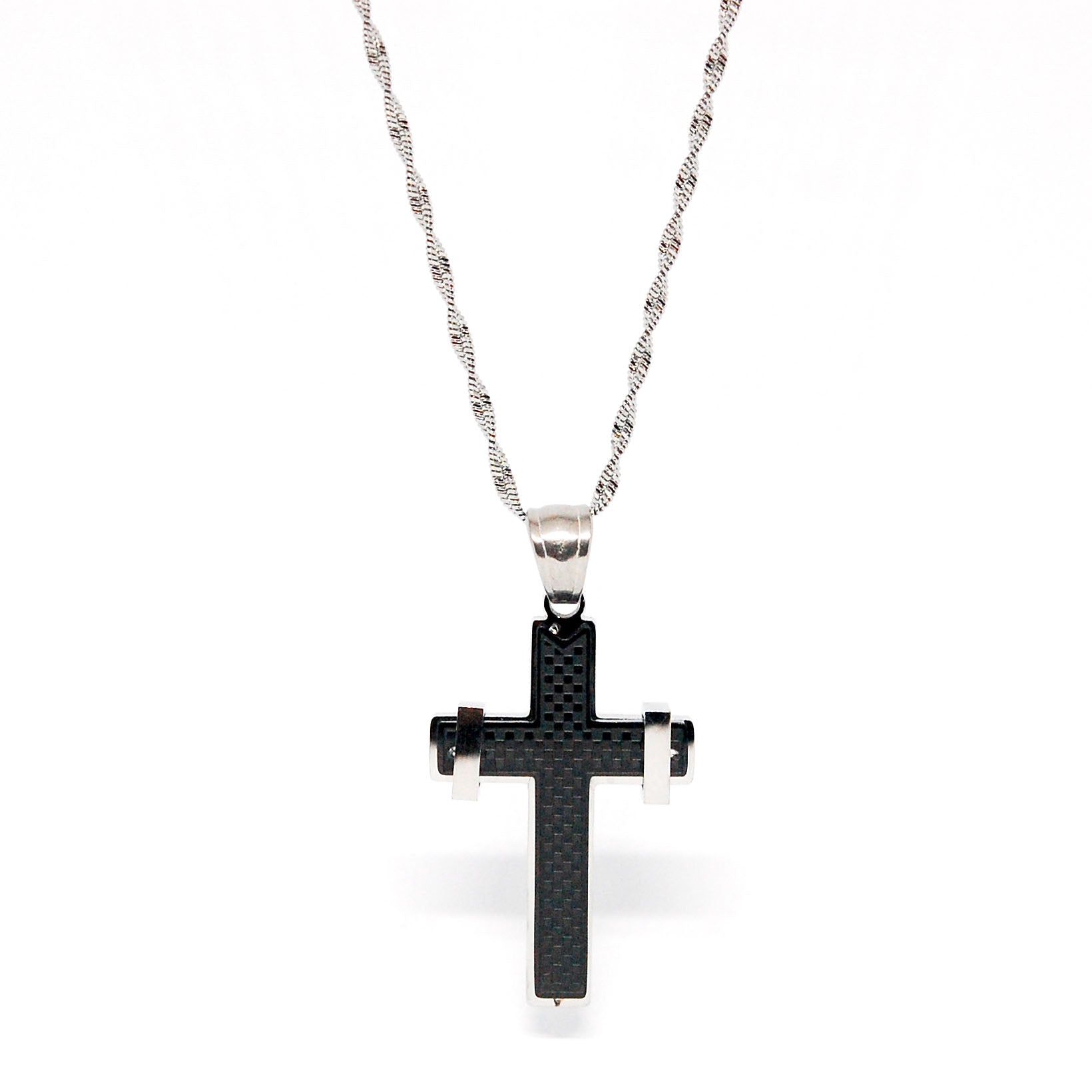 ESN 7315: Black Pixeled Cross Necklace w/ 19.5" Wavy Chain