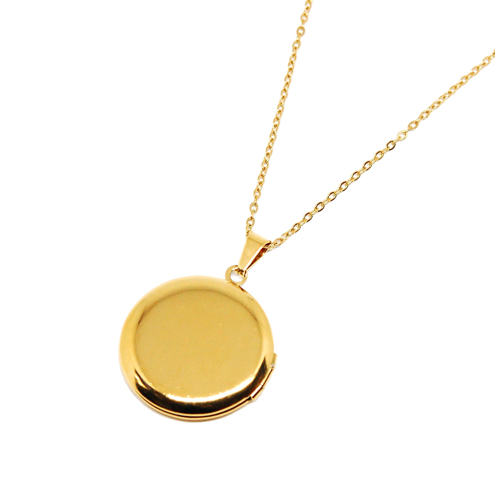 ESN 7373: Gold Plated 27mm Thin Circle Locket w/ 17" Med Link Chain (w/ Free Face Engrave)