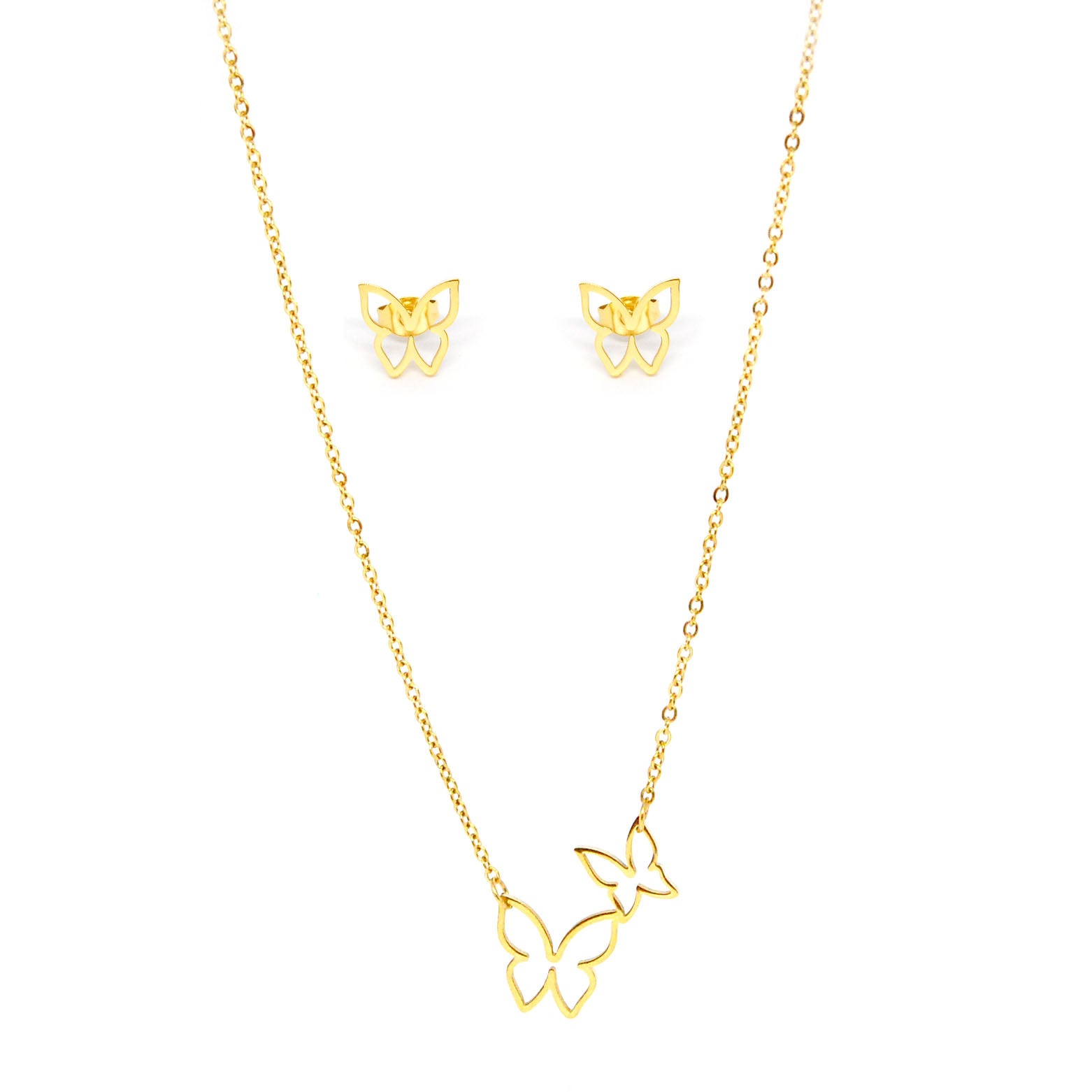 SET 7647: Gold Plated Mother & Baby Butterfly Outline Necklace & Earrings Set