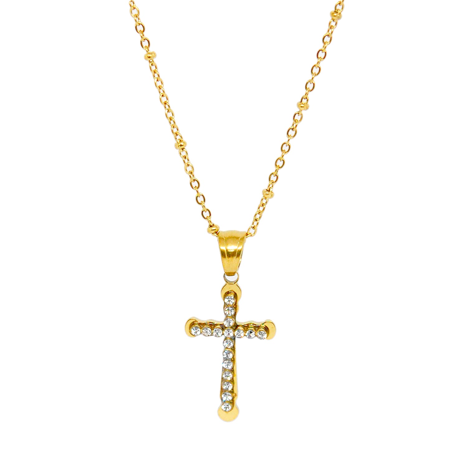 ESP 7987: All IPG Elegant Cz-Studded Cross Necklace w/ 19" IPG Med Link w/ Ball Ch