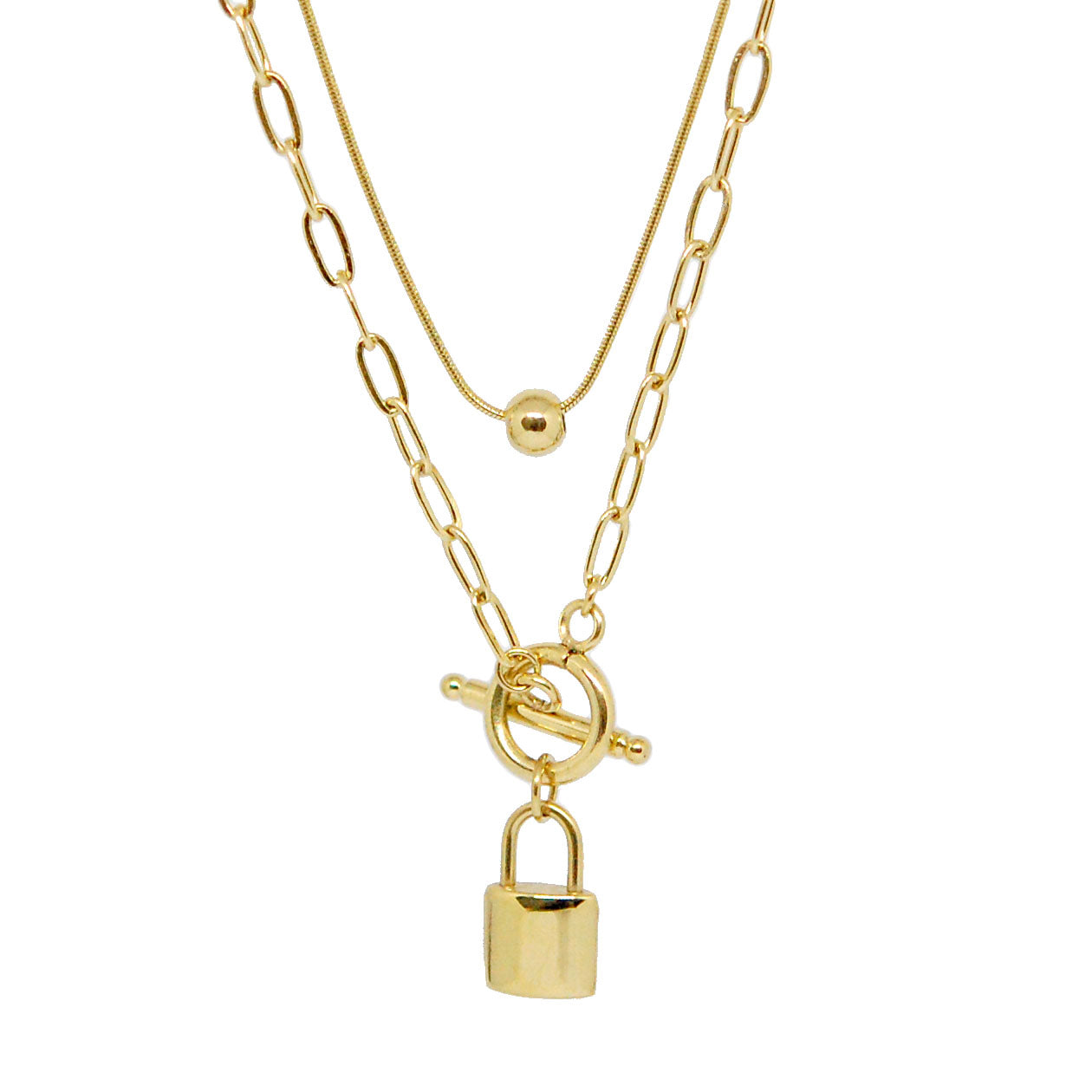 ESN 8037: All IPG Double (Snake Chain w/ Ball & Paperclip Ch w/ Lock) Necklace