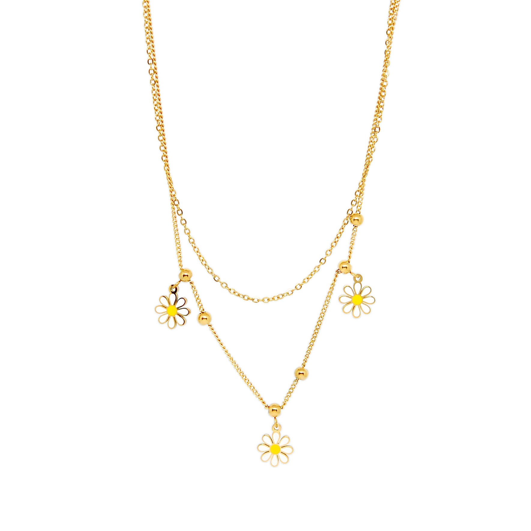 ESN 8567: All IPG 3 Flower Daisy & 6 Mini Ball Double Necklace