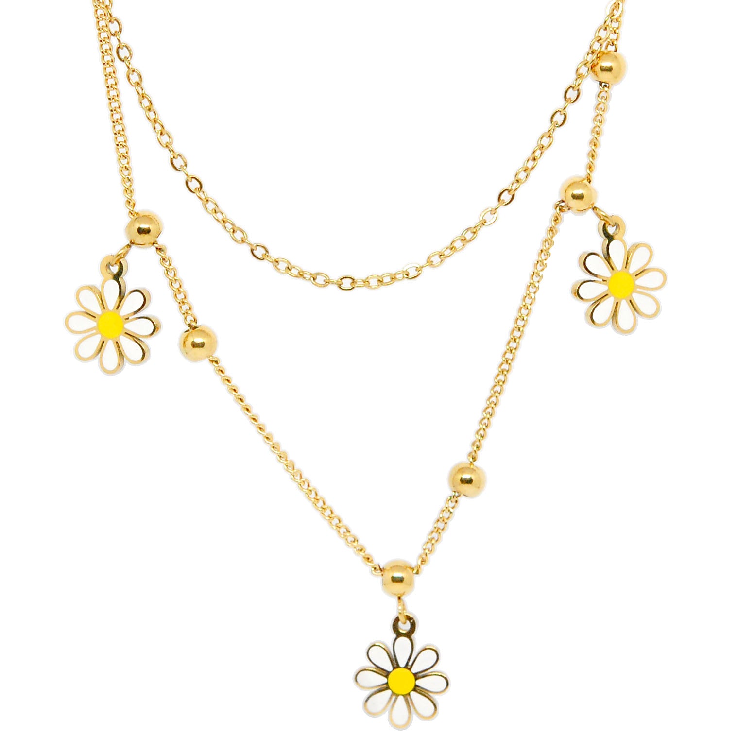 ESN 8567: All IPG 3 Flower Daisy & 6 Mini Ball Double Necklace