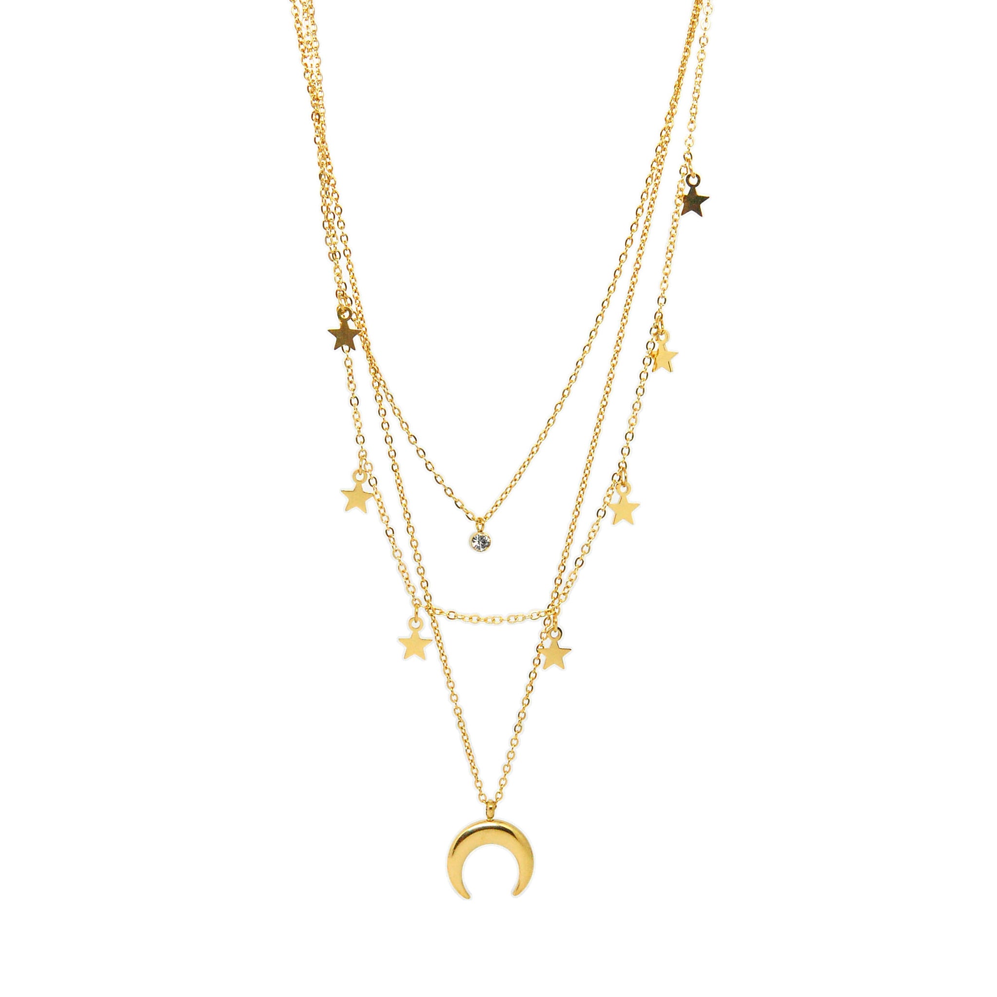 ESN 8691: All IPG Crescent Moon, 5-Star & Enclosed Cz Triple Necklace