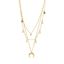 ESN 8691: All IPG Crescent Moon, 5-Star & Enclosed Cz Triple Necklace