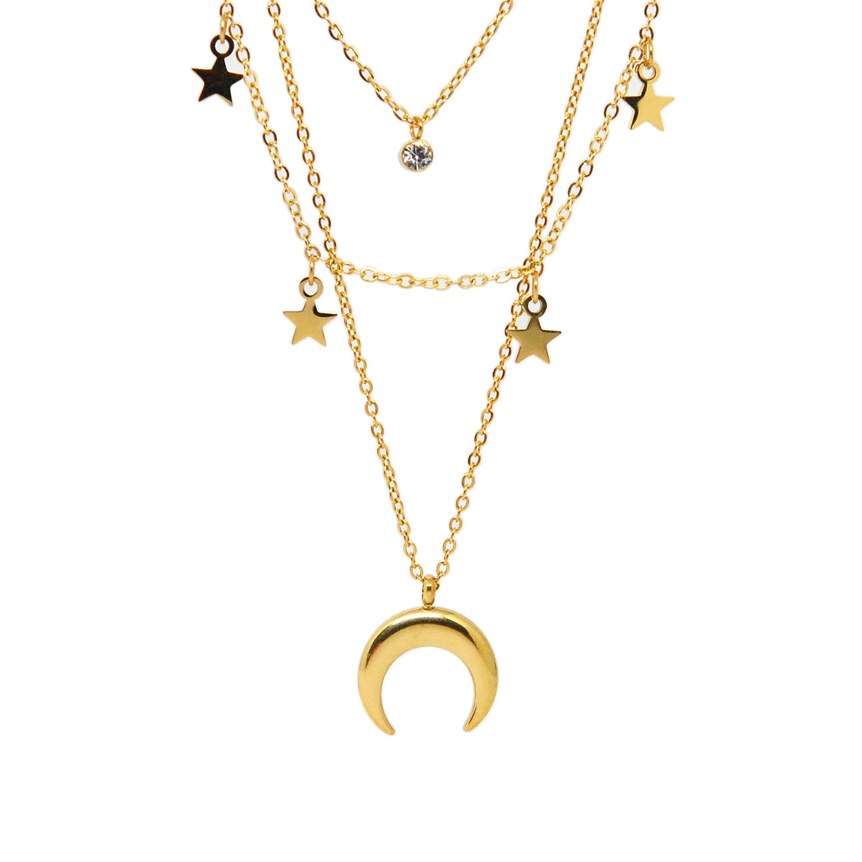 ESN 8691: All IPG Crescent Moon, 5-Star & Enclosed Cz Triple Necklace