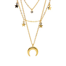 ESN 8691: All IPG Crescent Moon, 5-Star & Enclosed Cz Triple Necklace