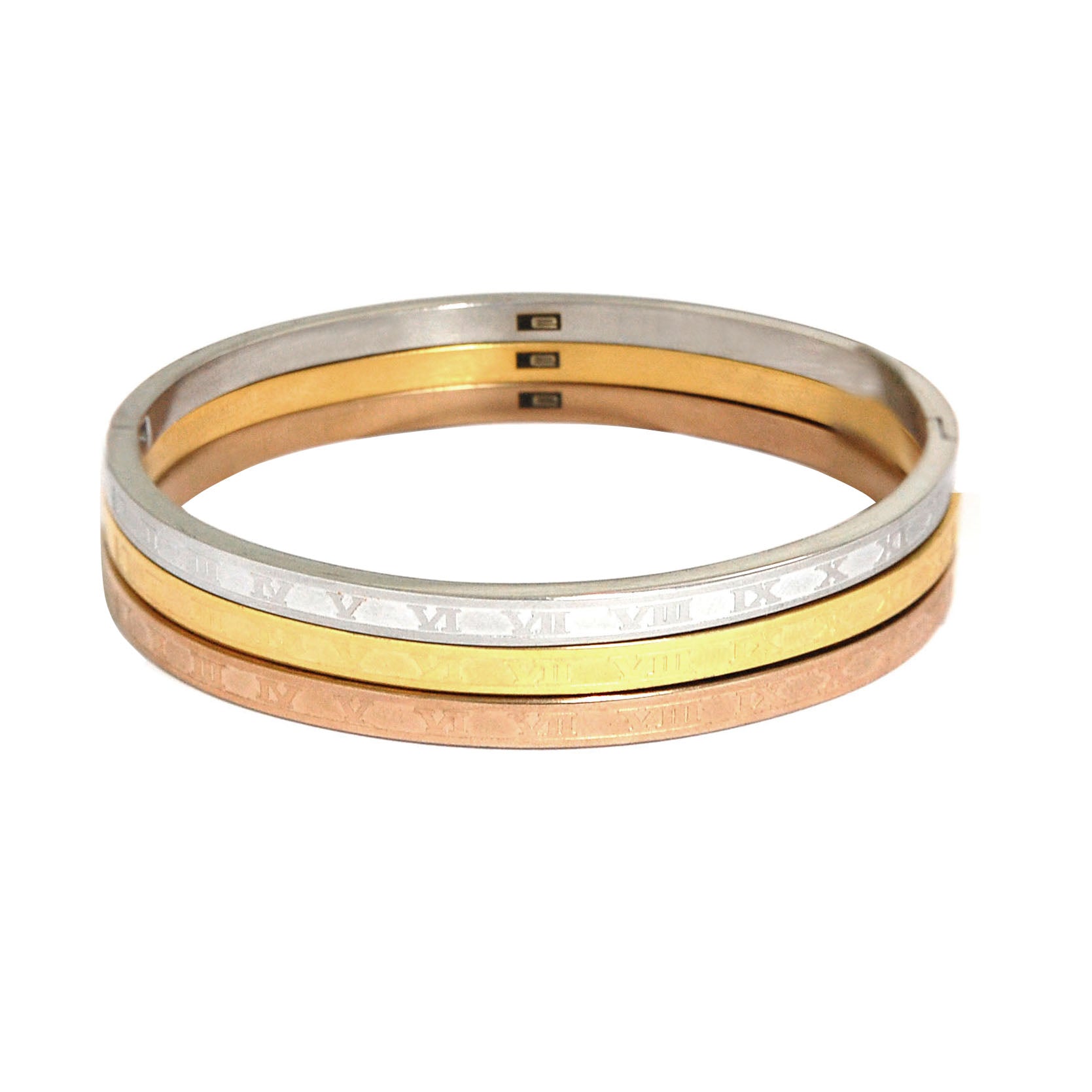 ESBG 6568: Set Of 3 Tri-Color Tiffany Numerals Bangles (White, Gold, Rose Gold)