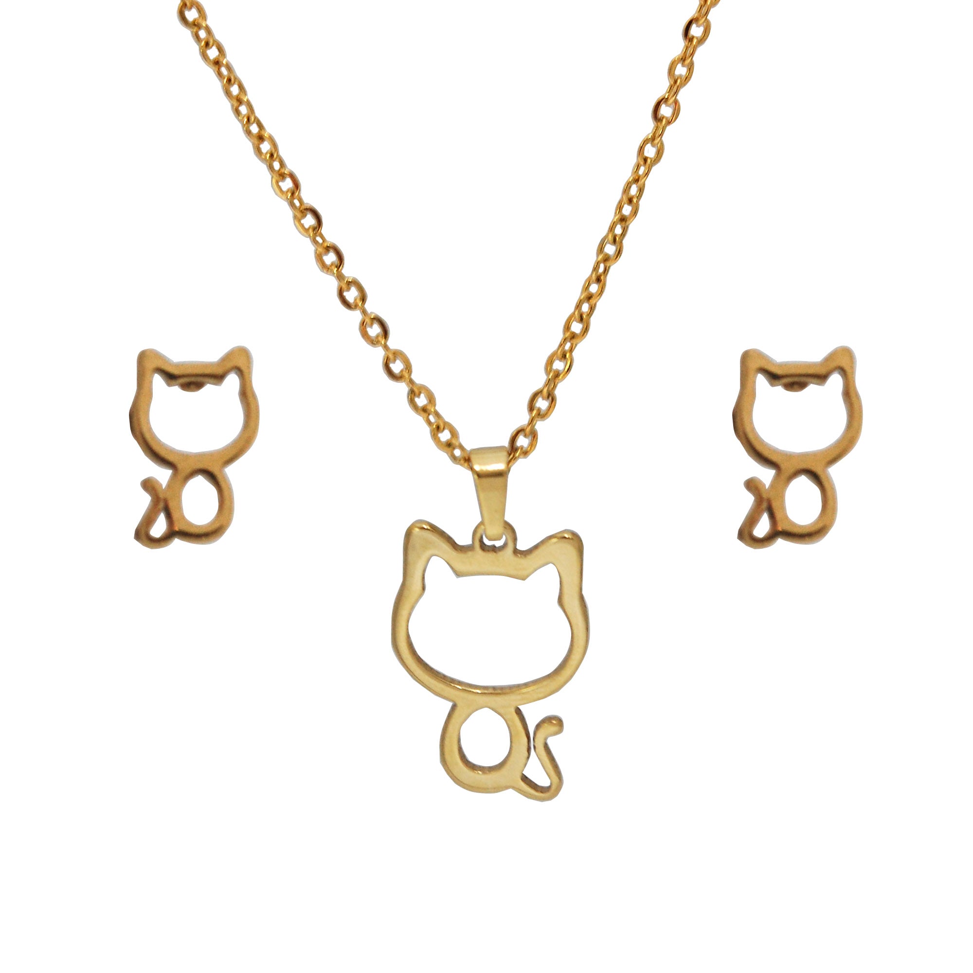 SET 4952: Gold Plated Kitty Cat Necklace & Earrings Set