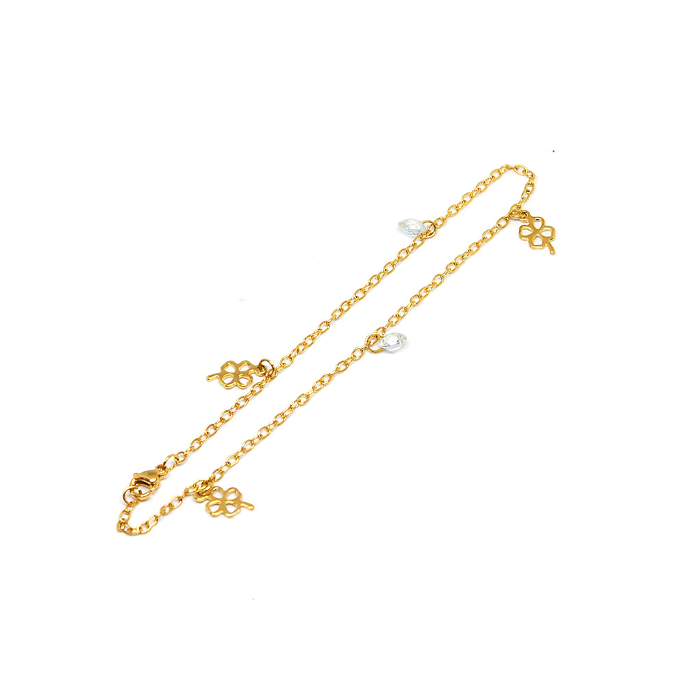 ESA 5692 : Gold Plated 4-Leaf Clover Anklet w/ 2 Cz Charms