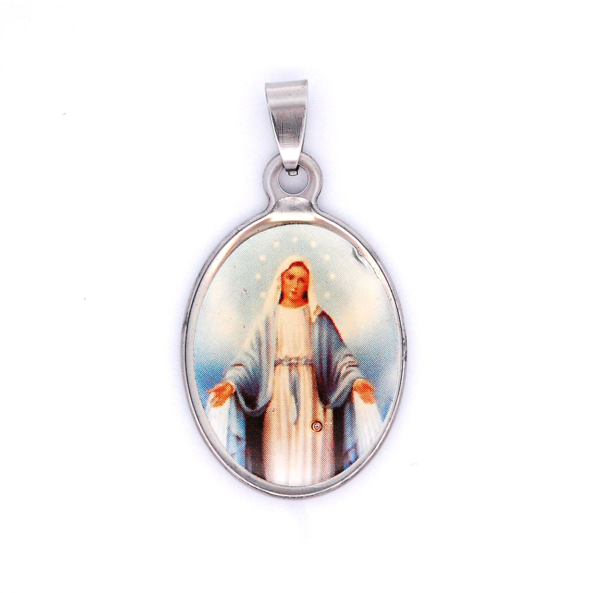 ESP 5789: Blue Virgin Mary In White Robe Oval Pendant