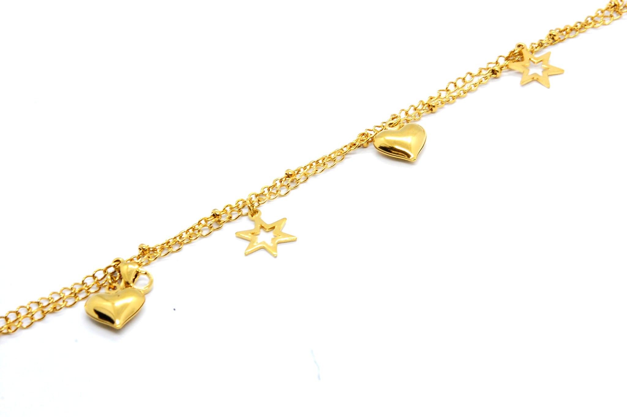 ESA 6693: Gold Plated Double Chain Anklet w/ 2 Heart 3 Star Charms