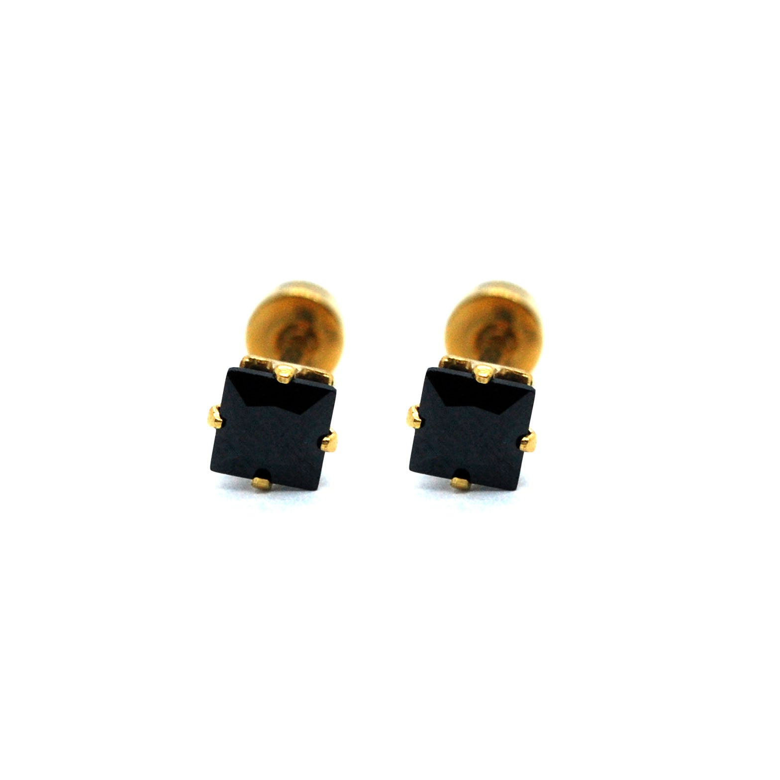ESE 7664: Gold Plated 4mm Black Princess Cut Cz Studs w/ Baby Safe Chapita