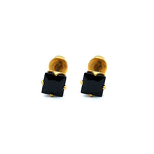 ESE 7664: Gold Plated 4mm Black Princess Cut Cz Studs w/ Baby Safe Chapita
