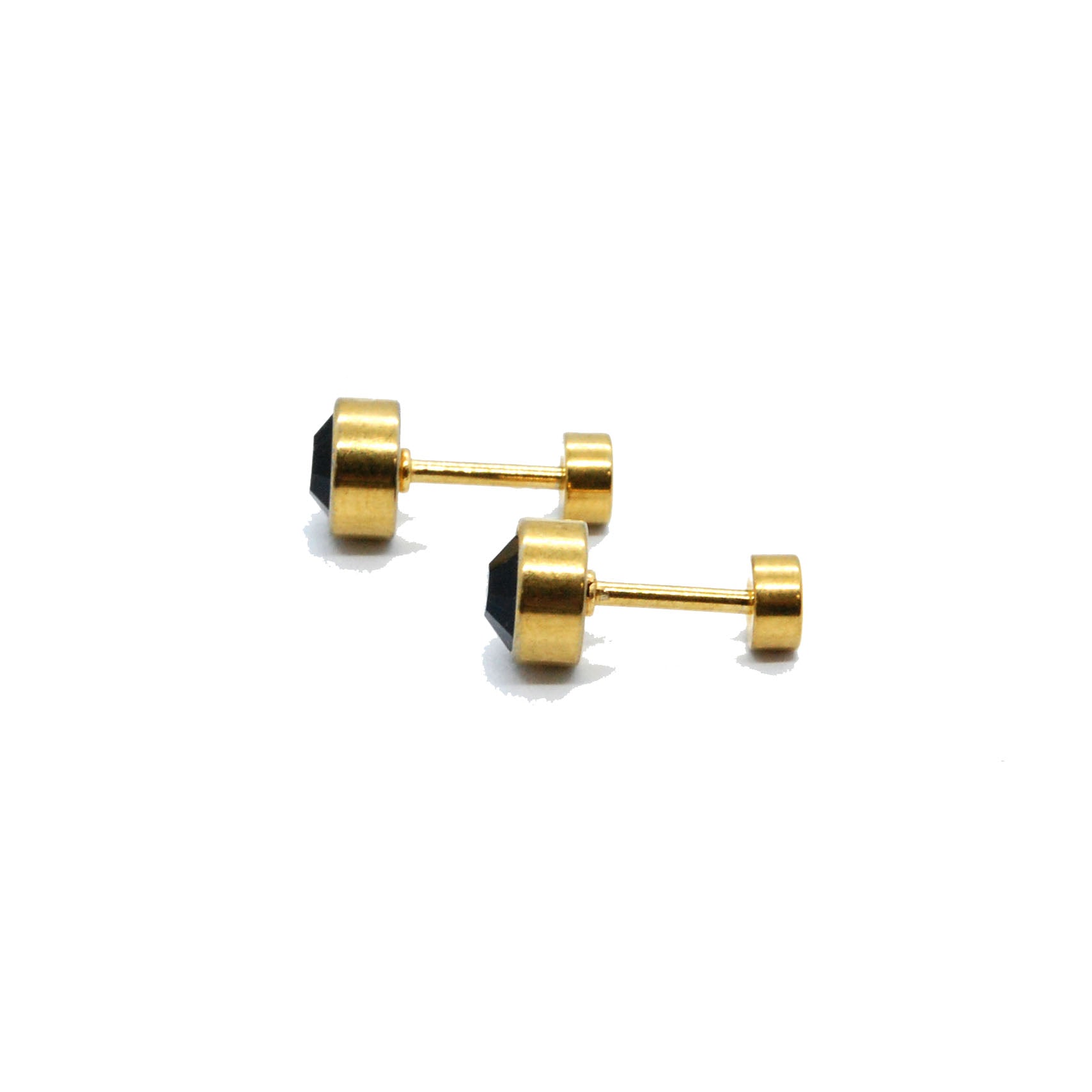 ESE 7669: Enclosed Gold Plated 6mm Black Cz Studs w/ Baby Safe Chapita