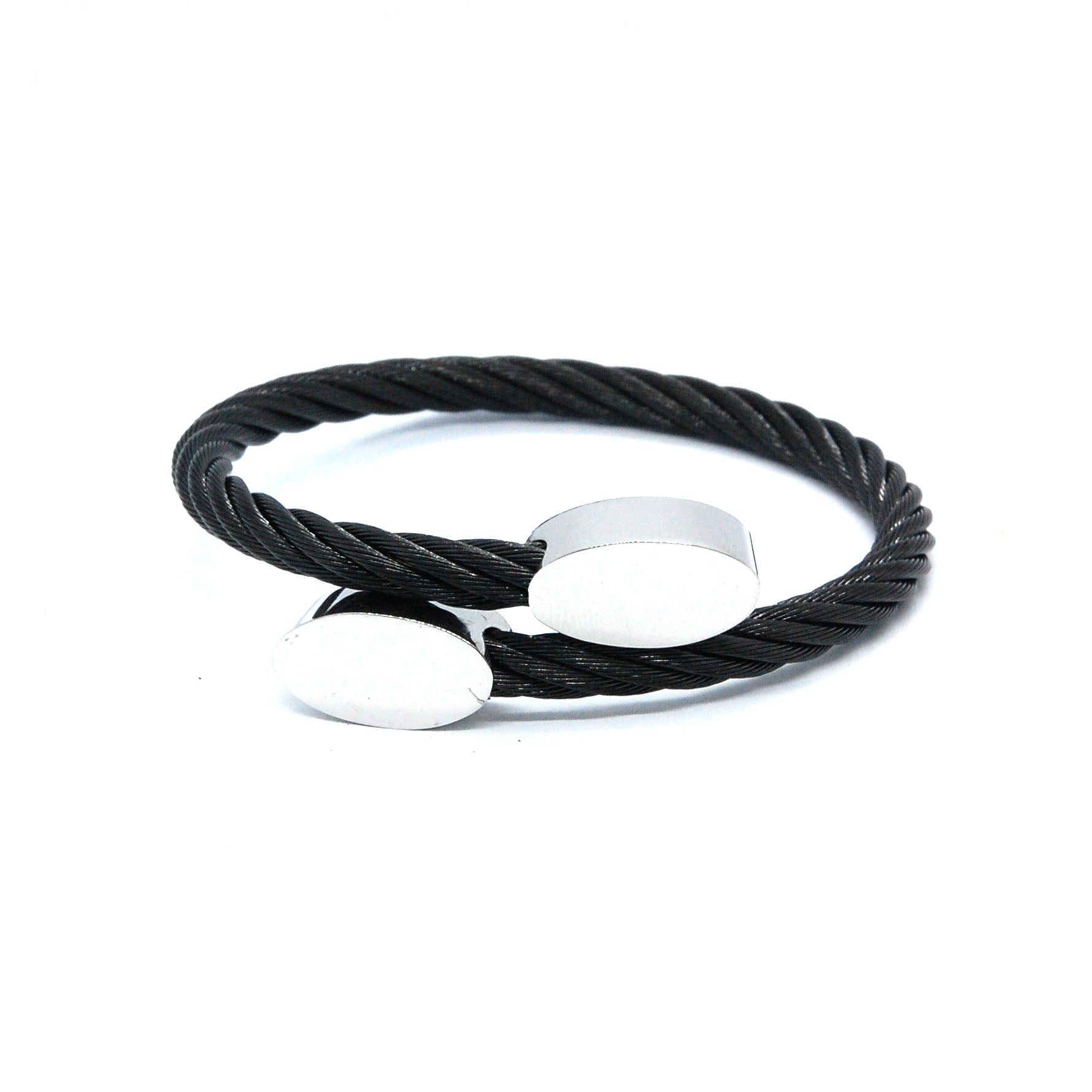 ESBG 6712: All Black Plated Twisted Charriol Bangle w/ White Oval Ends