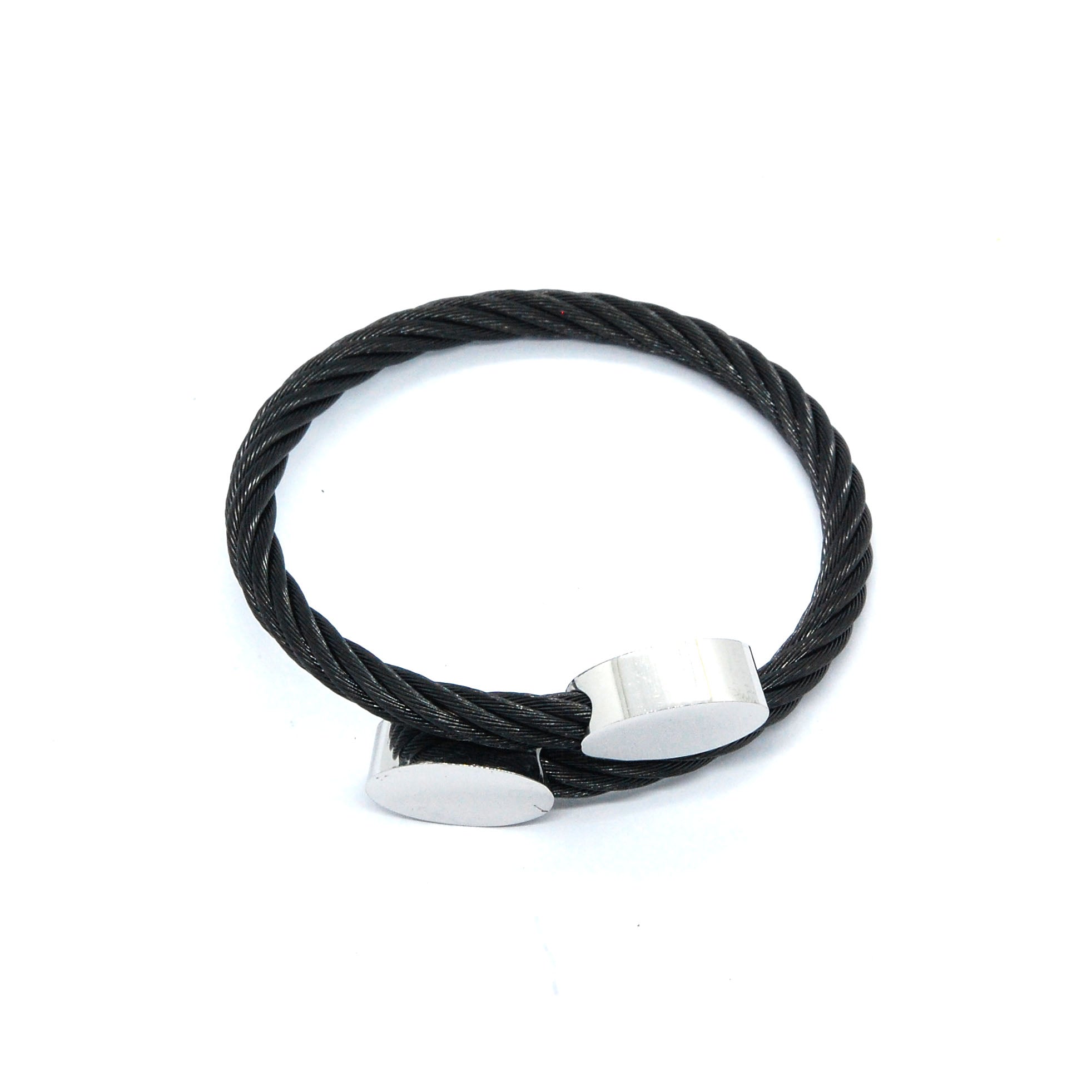 ESBG 6712: All Black Plated Twisted Charriol Bangle w/ White Oval Ends