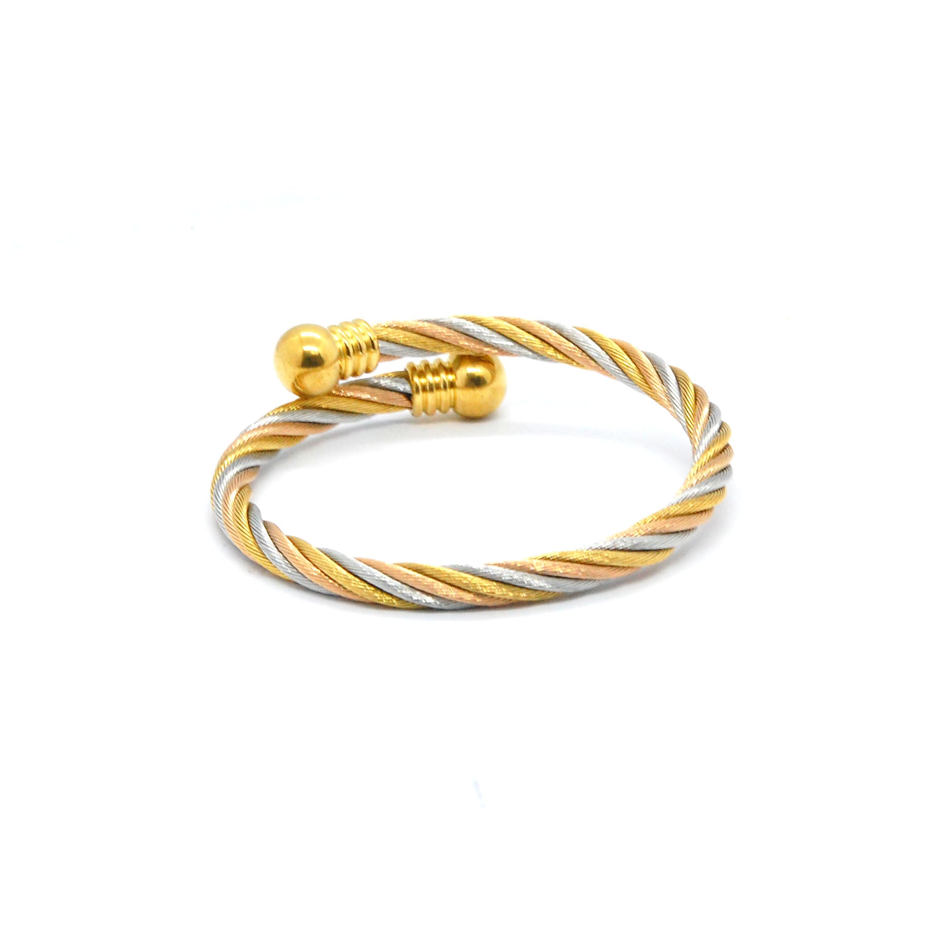 ESBG 6717: 3-Tone Twisted Charriol Bangle w/ Gold Plated Round Ends