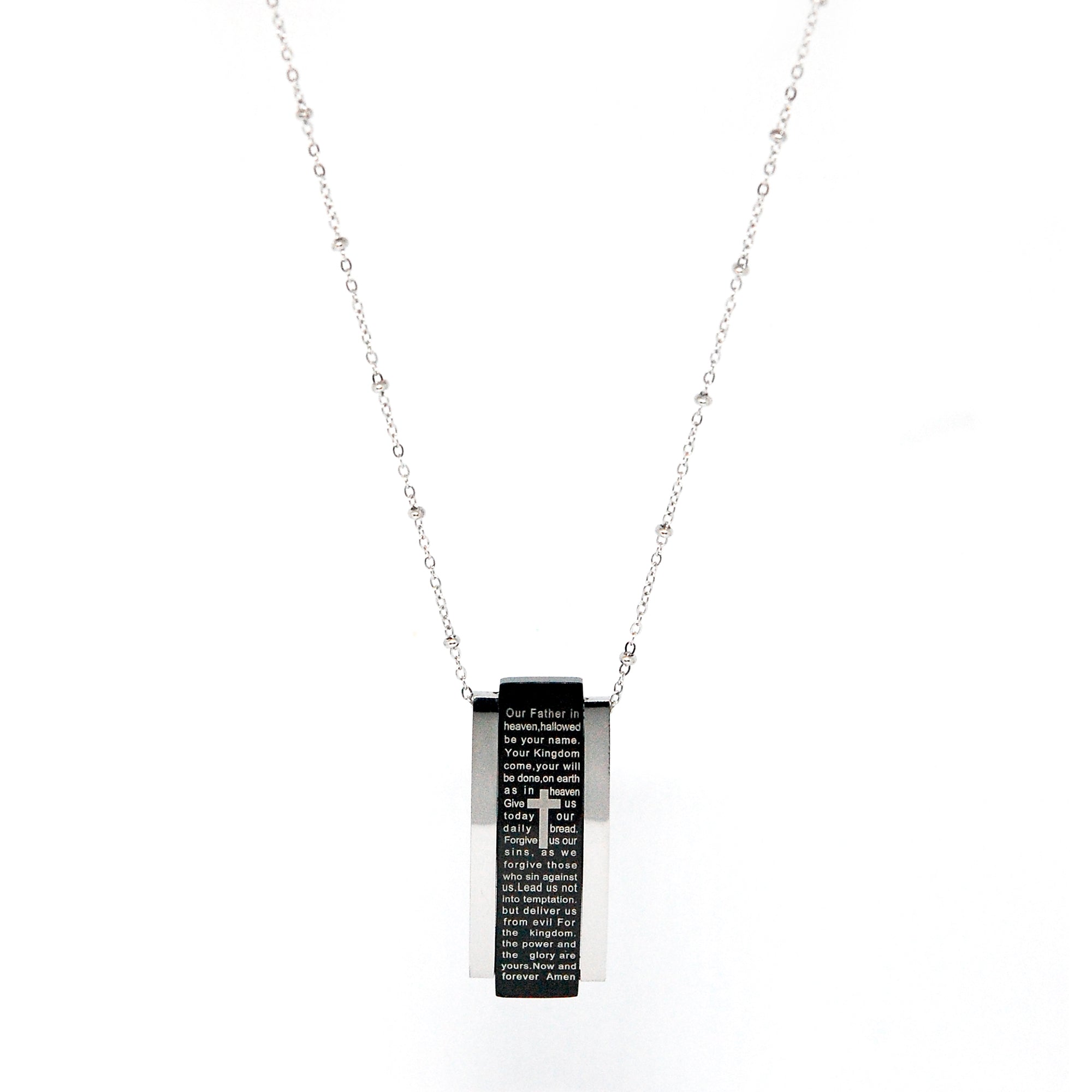 ESN 7189: Black & White Lord's Prayer Necklace w/ 19.5" S/S Link w/ Ball Chain