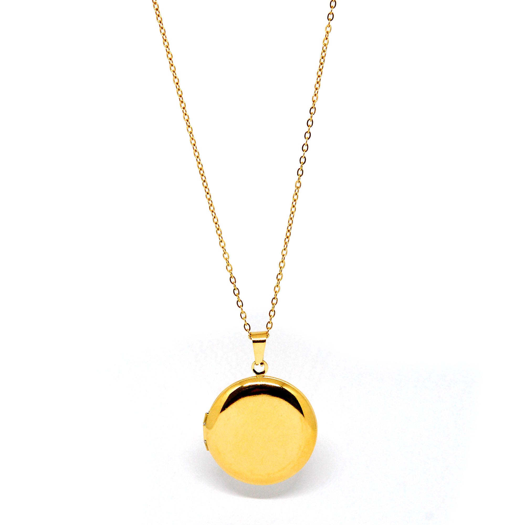 ESN 7373: Gold Plated 27mm Thin Circle Locket w/ 17" Med Link Chain (w/ Free Face Engrave)