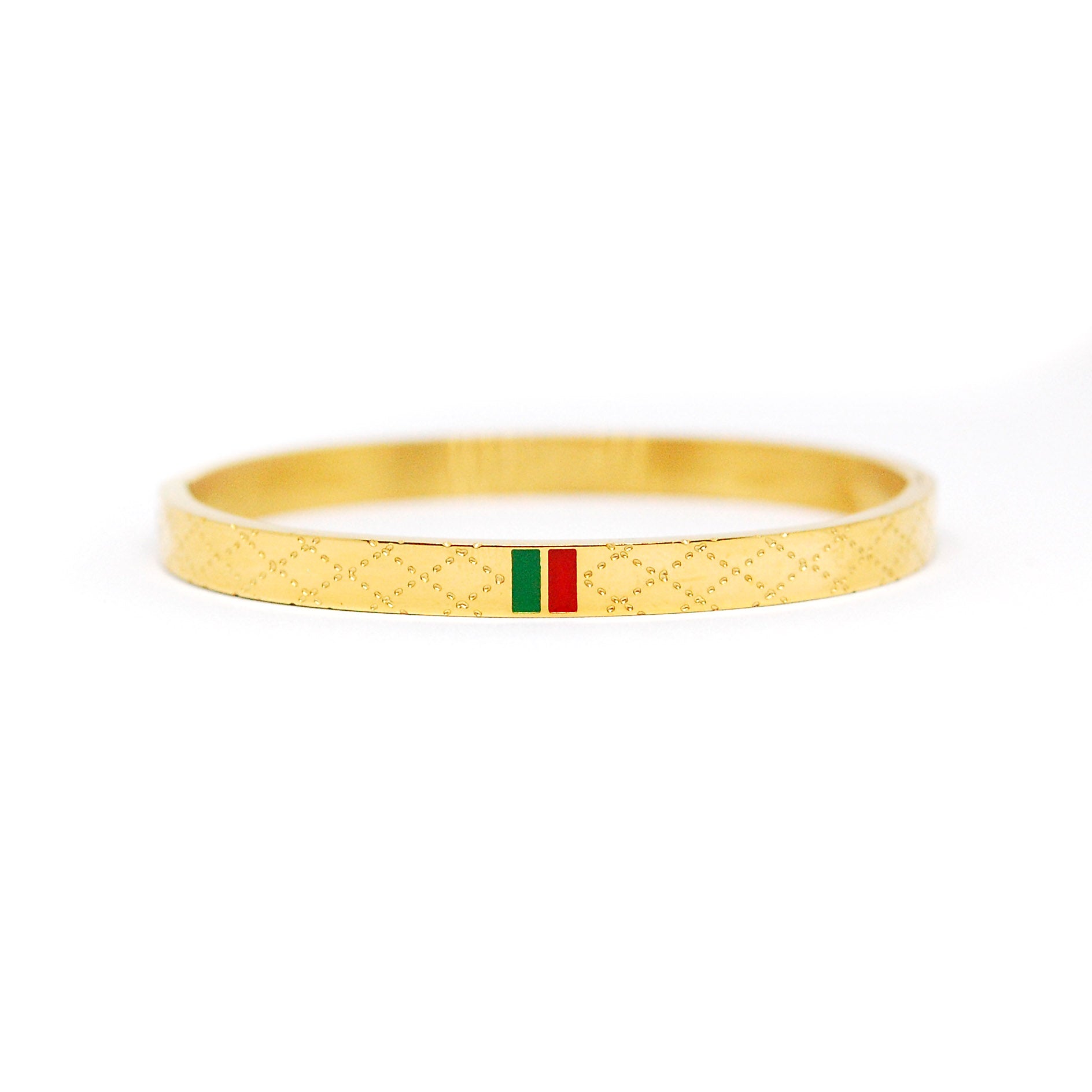 ESBG 7380: Hard Gold-Plated Criss-Cross Bangle w/ Red-Green Bar Accent