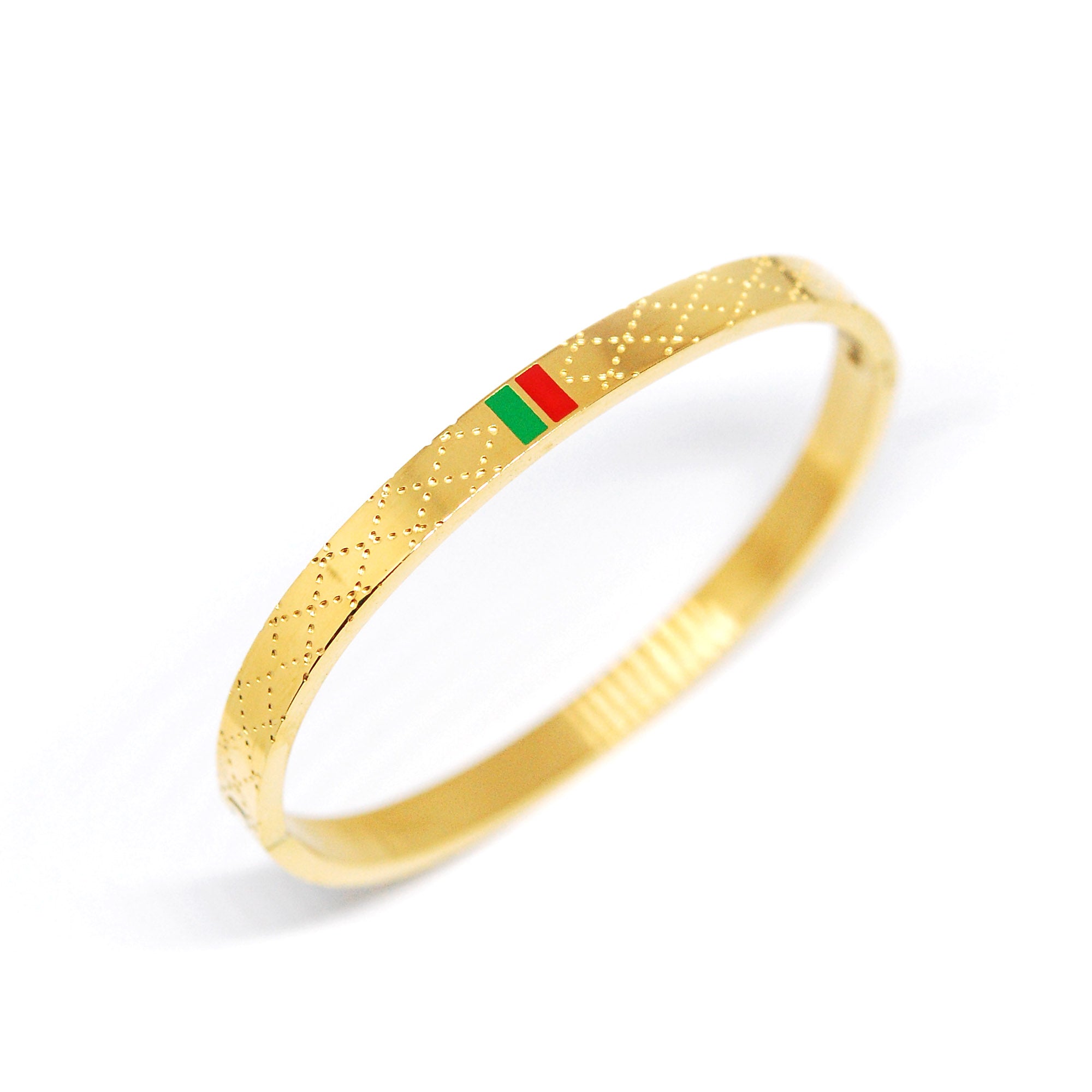 ESBG 7380: Hard Gold-Plated Criss-Cross Bangle w/ Red-Green Bar Accent