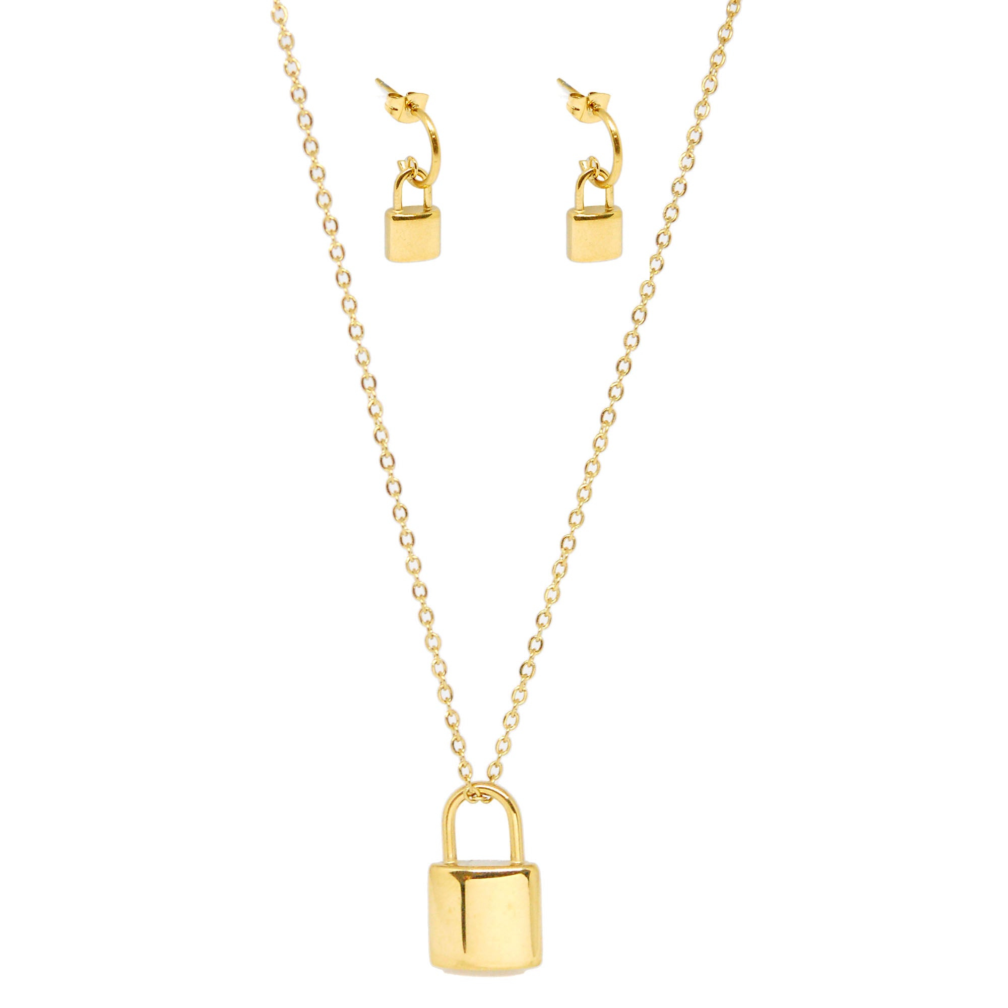 SET 7619: Gold Plated Dangling Lock Necklace & Earring Set