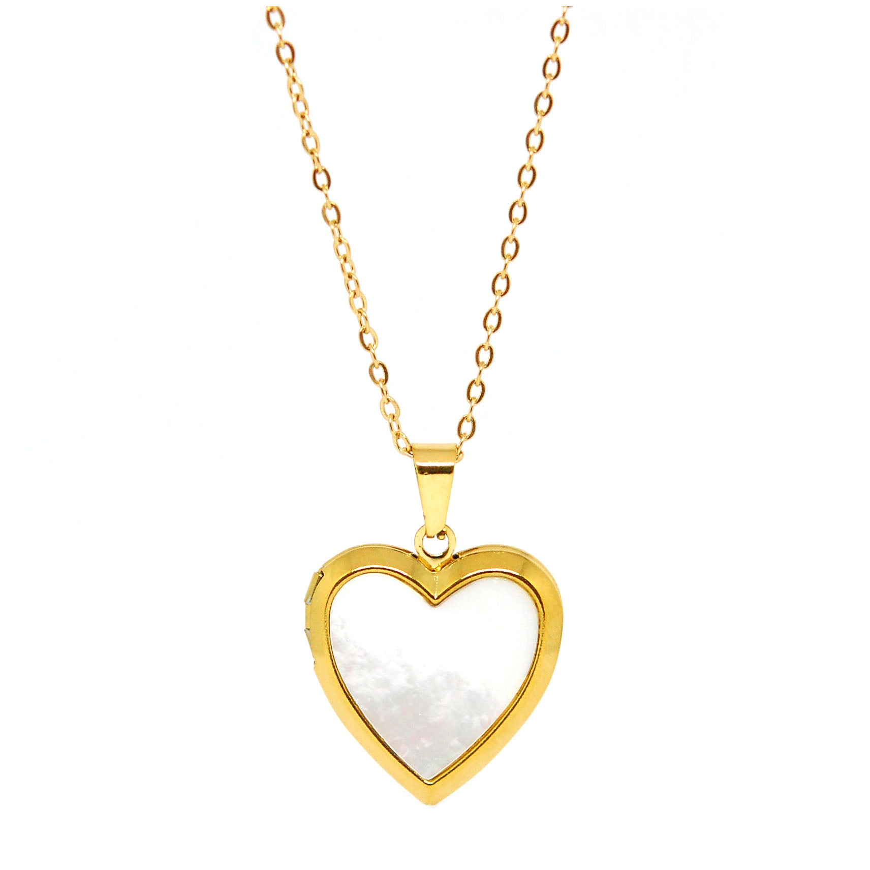 ESN 7631: Gold Plated MOP Heart Open-Able Locket Necklace w/ IPG Med Link Chain