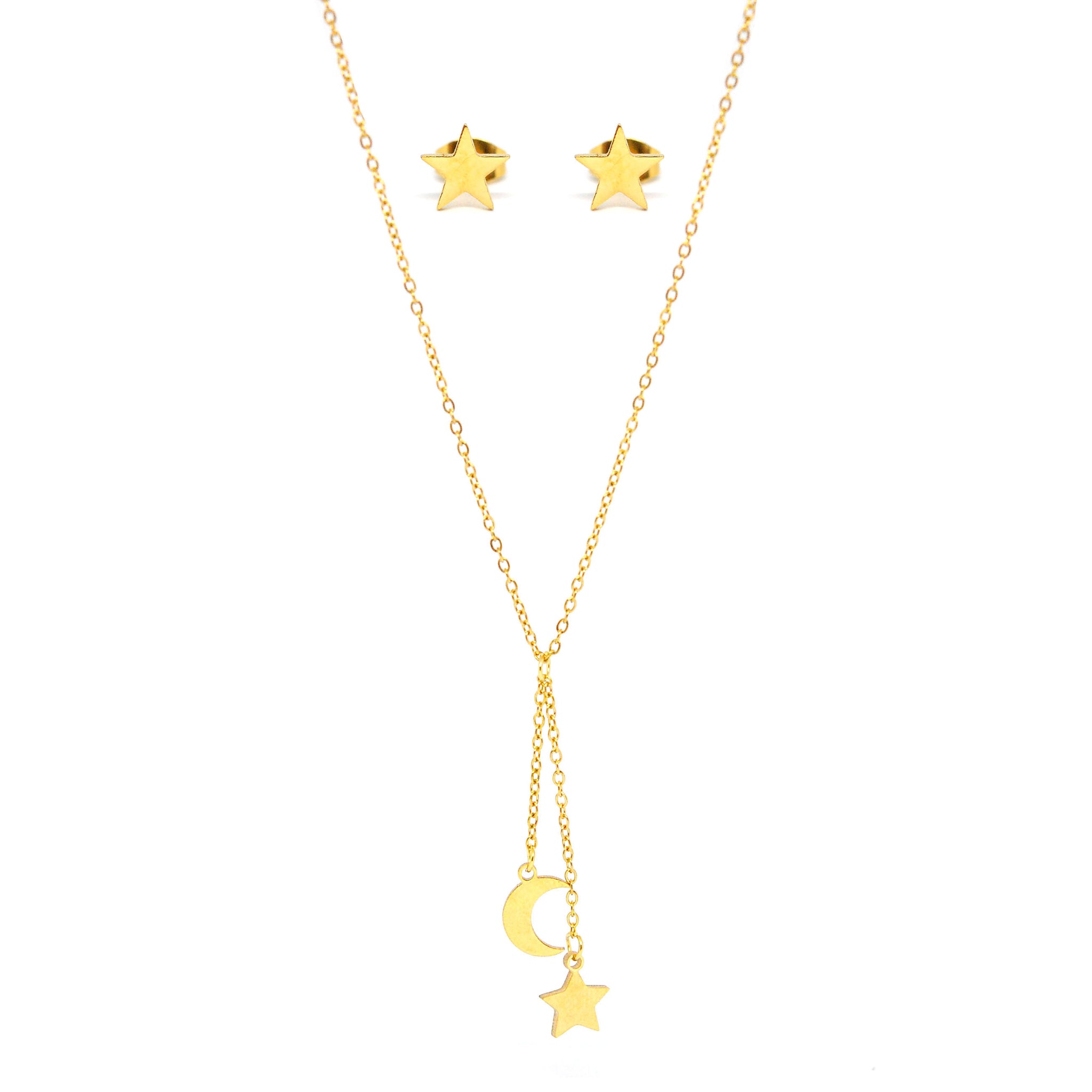 SET 7646: Gold Plated Simple Moon & Stars Necklace & Earrings Set