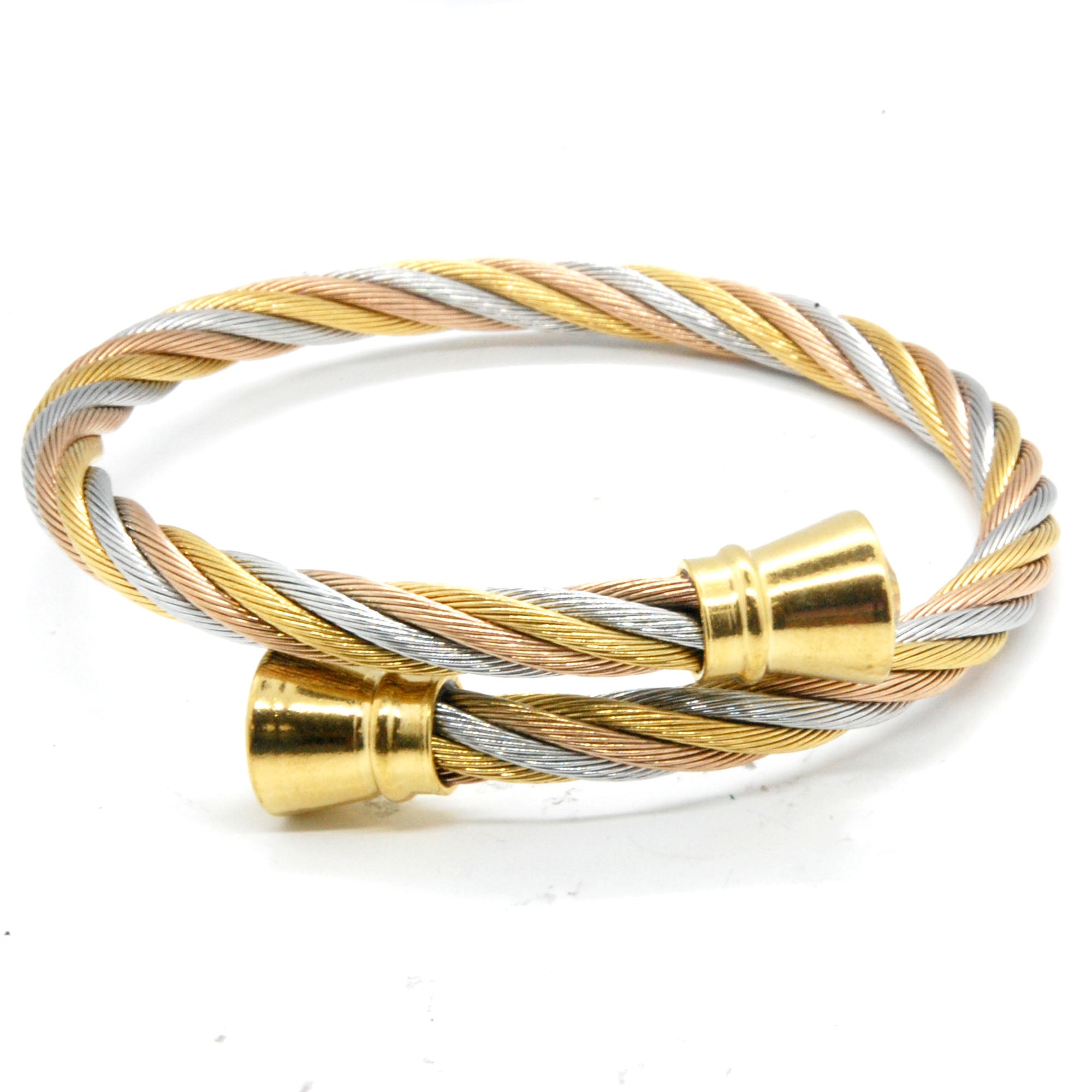 ESBG 6192: 3-Tone Twisted Charriol Bangle w/ Gold Barrel Ends (White, Yellow Gold, Rose Gold)