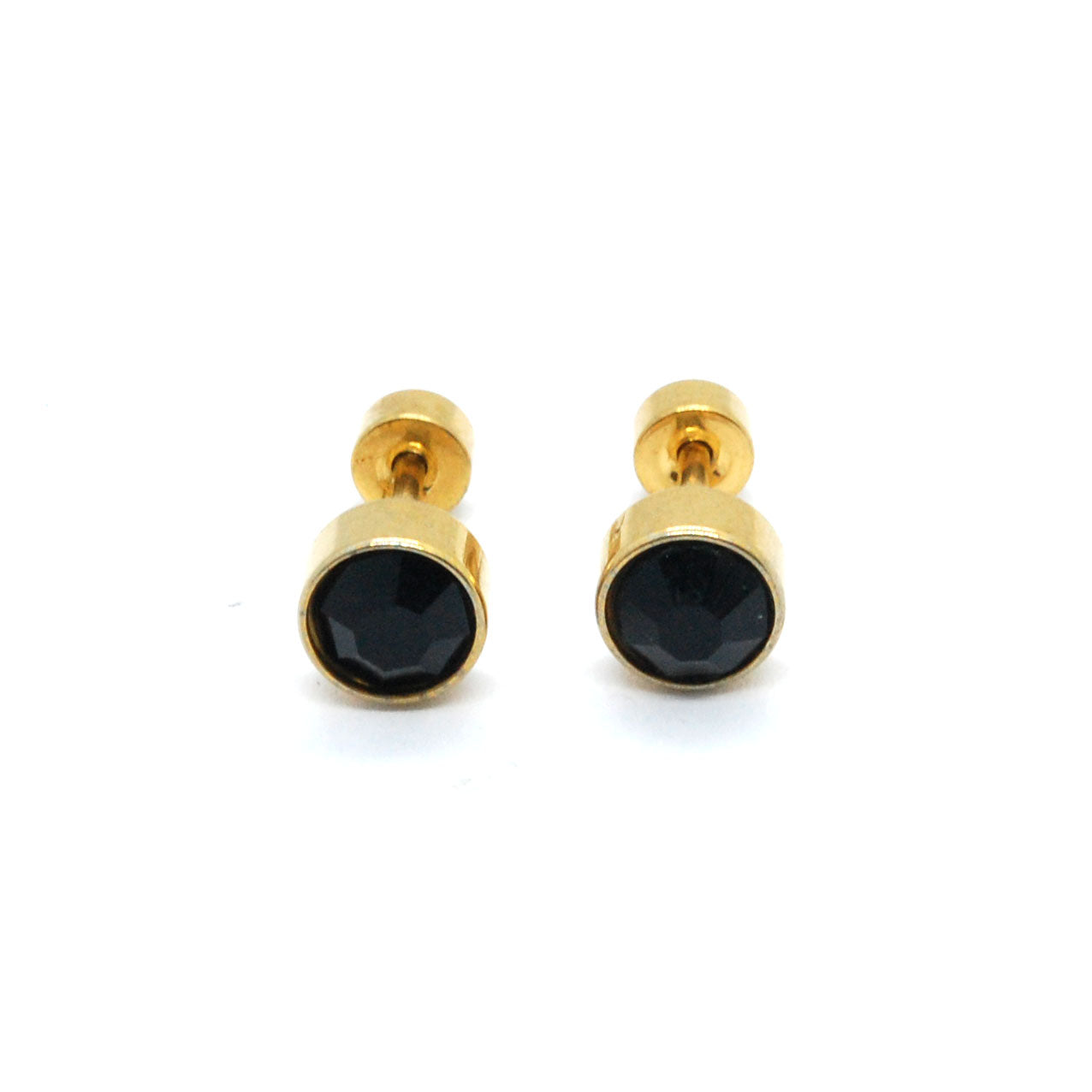 ESE 7669: Enclosed Gold Plated 6mm Black Cz Studs w/ Baby Safe Chapita