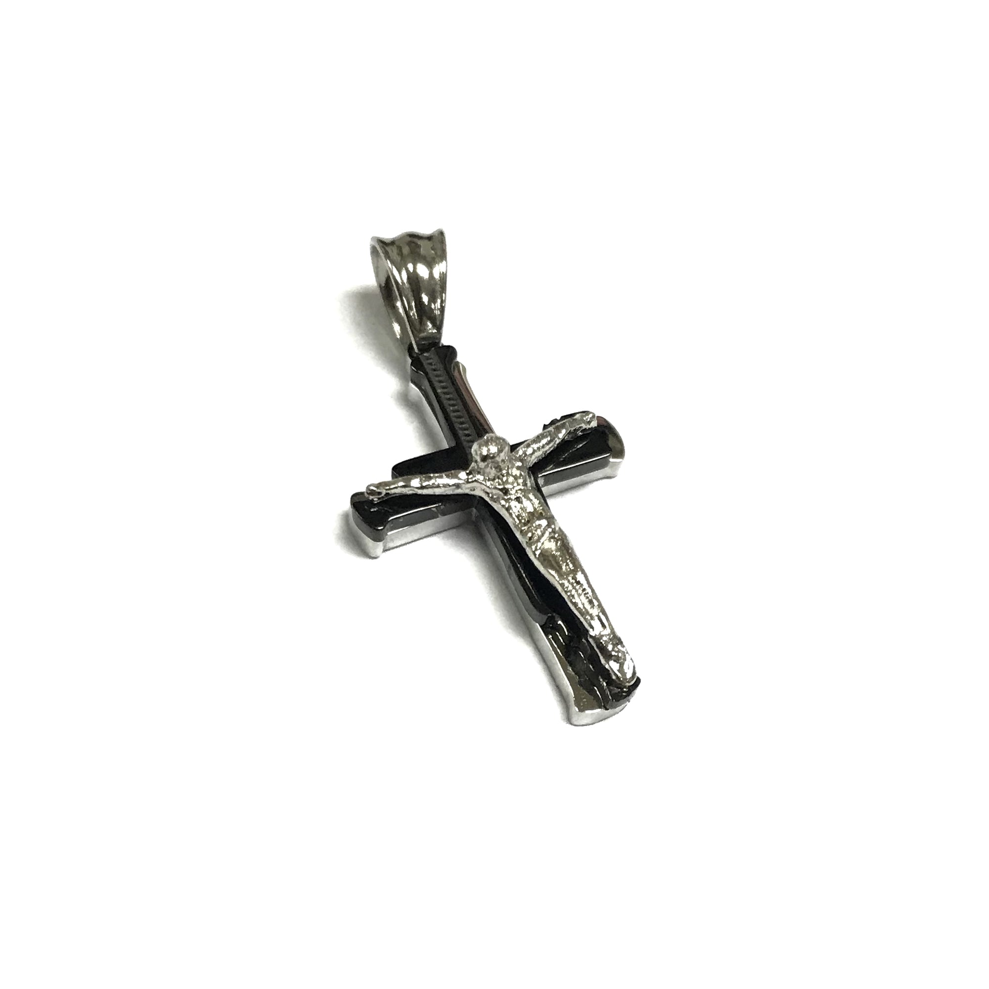 ESP 7199: S/S Black Crucifix Pendant w/ S/S Jesus Ctr