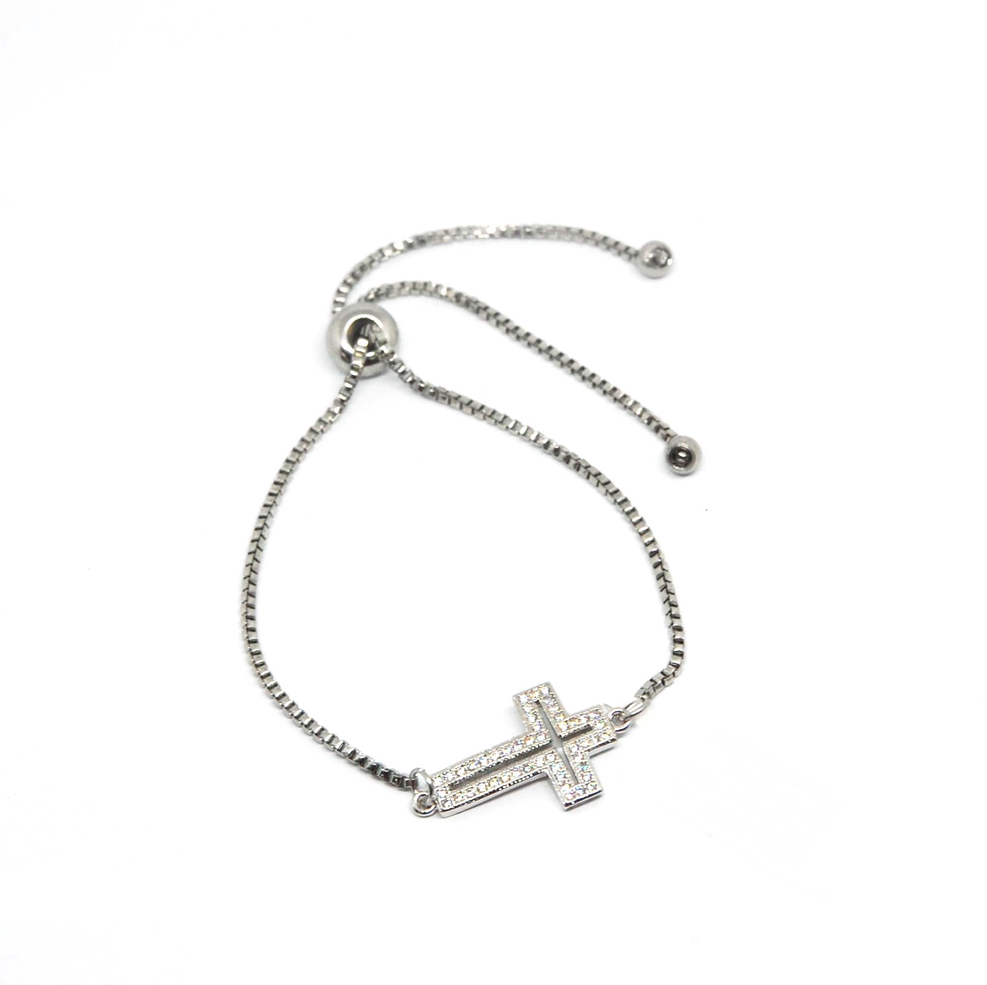 ESBL 6039: Cross Outline Cz Studded Adjustable Bracelet
