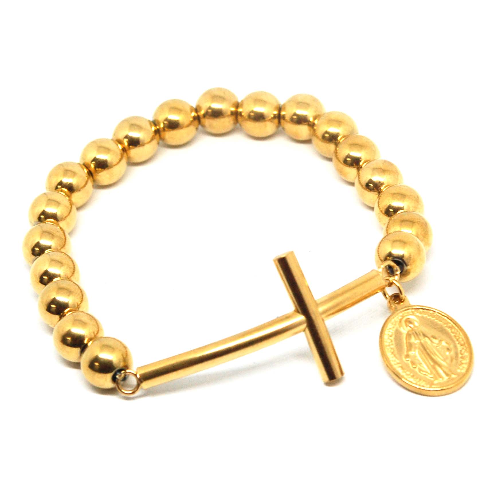 ESBL 6583: Gold Plated 19-Steel Ball Bracelet w/ Crucifix Center & Rosary