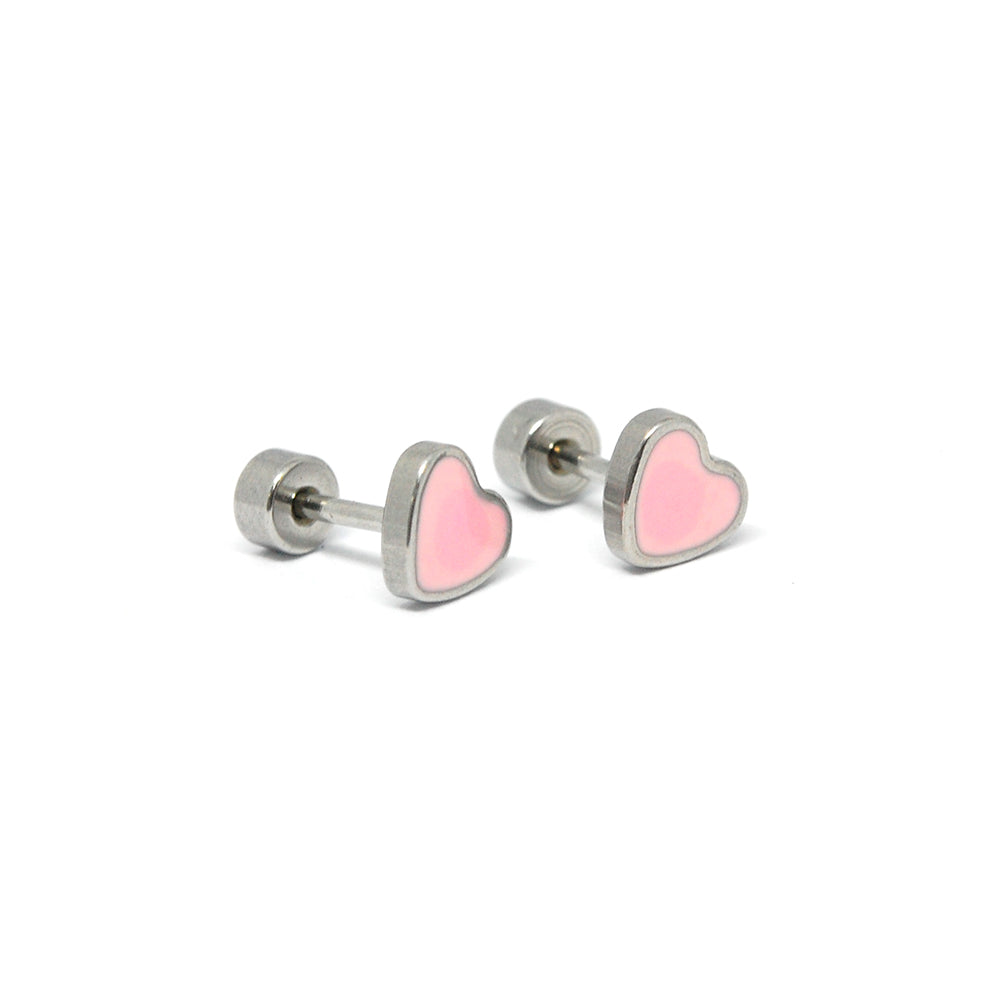 ESE 7678: Playful Baby Pink 5mm Heart Studs w/ Baby Safe Chapita