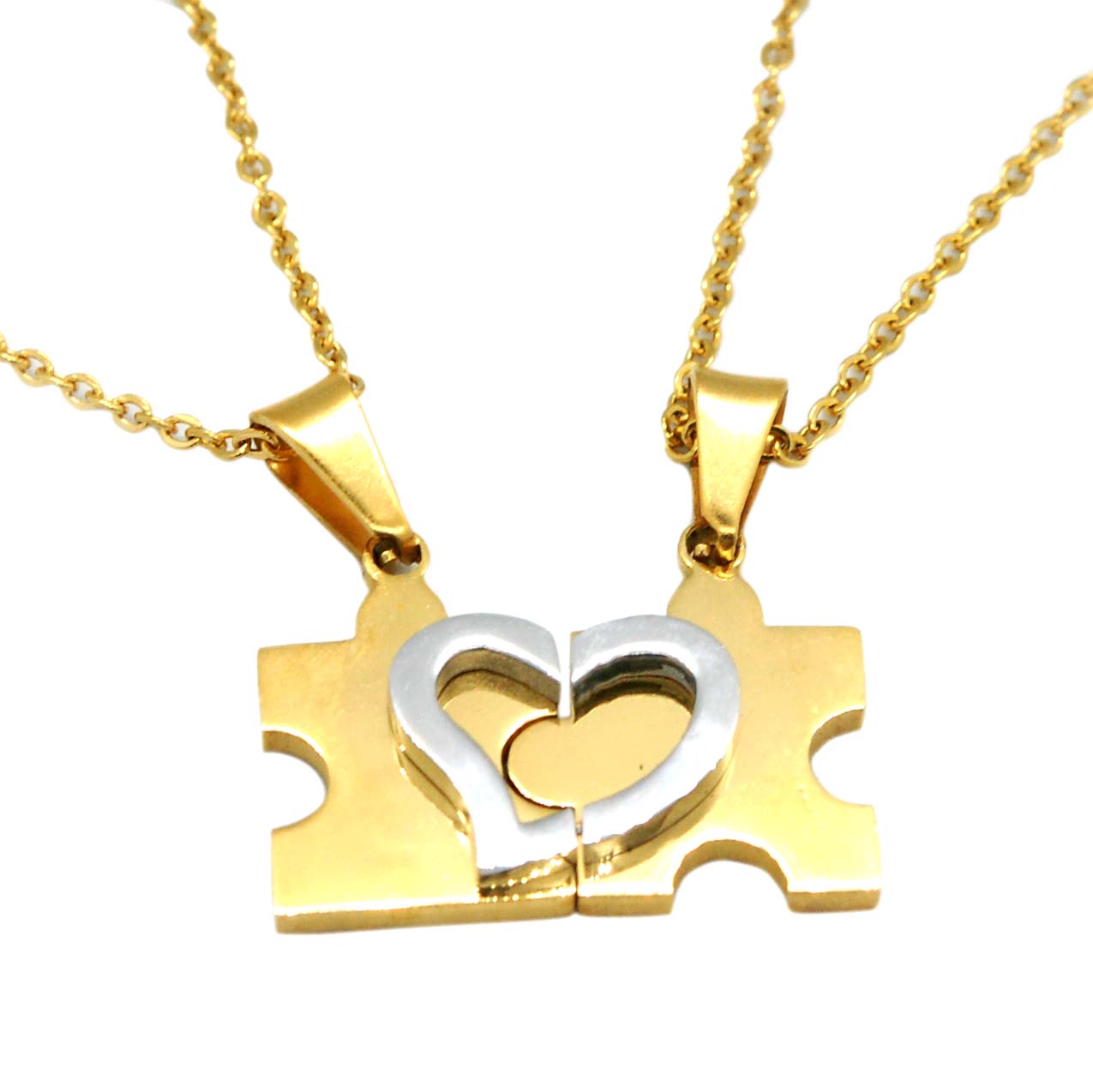 SET 6072: Gold Plated Couple Jigsaw w/ Heart Necklace & 19" IPG Med Link Chain